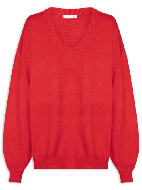Suéter Feminino Amplo Gola V Em Tricot - Vermelho
