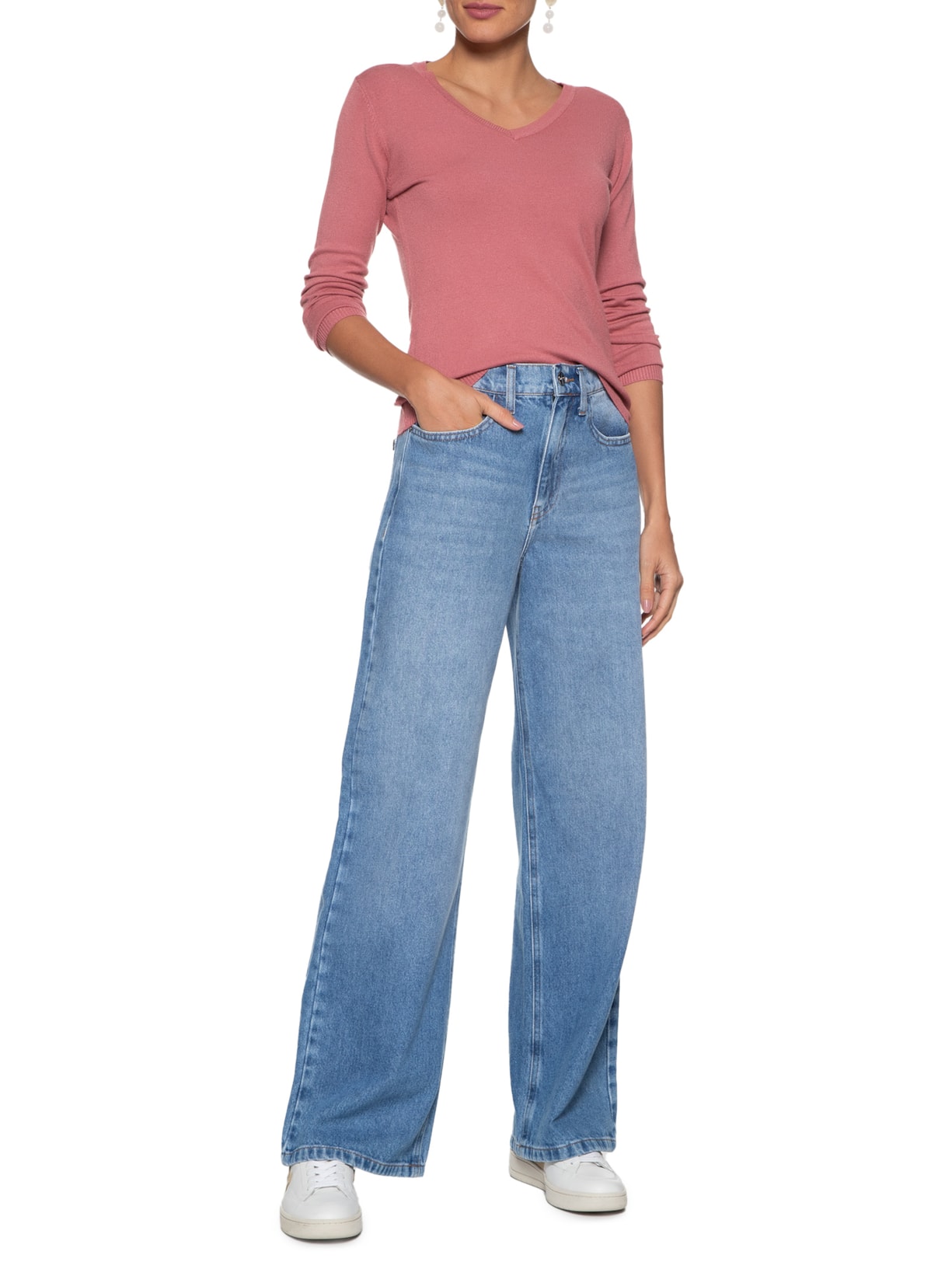 Suéter Feminino Básico Gola V Rosa  Basiq