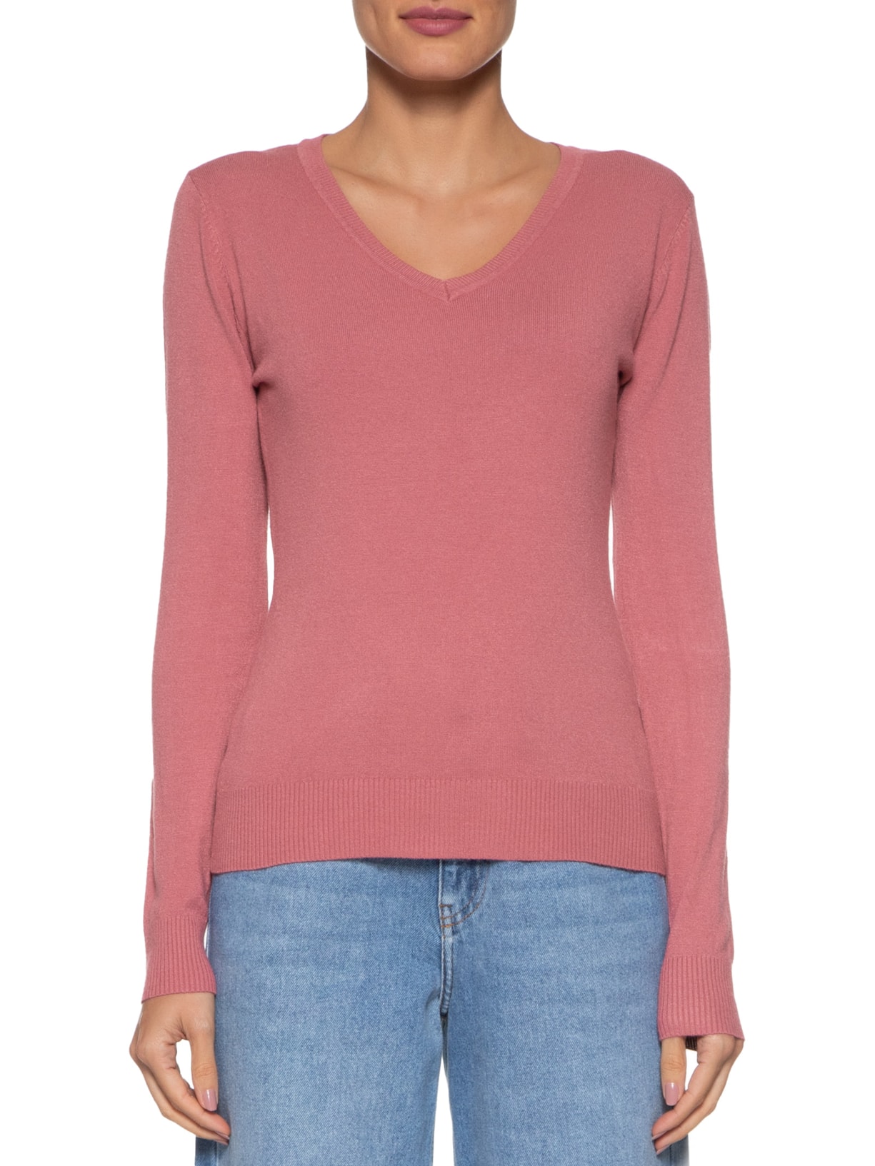 Suéter Feminino Básico Gola V Rosa  Basiq