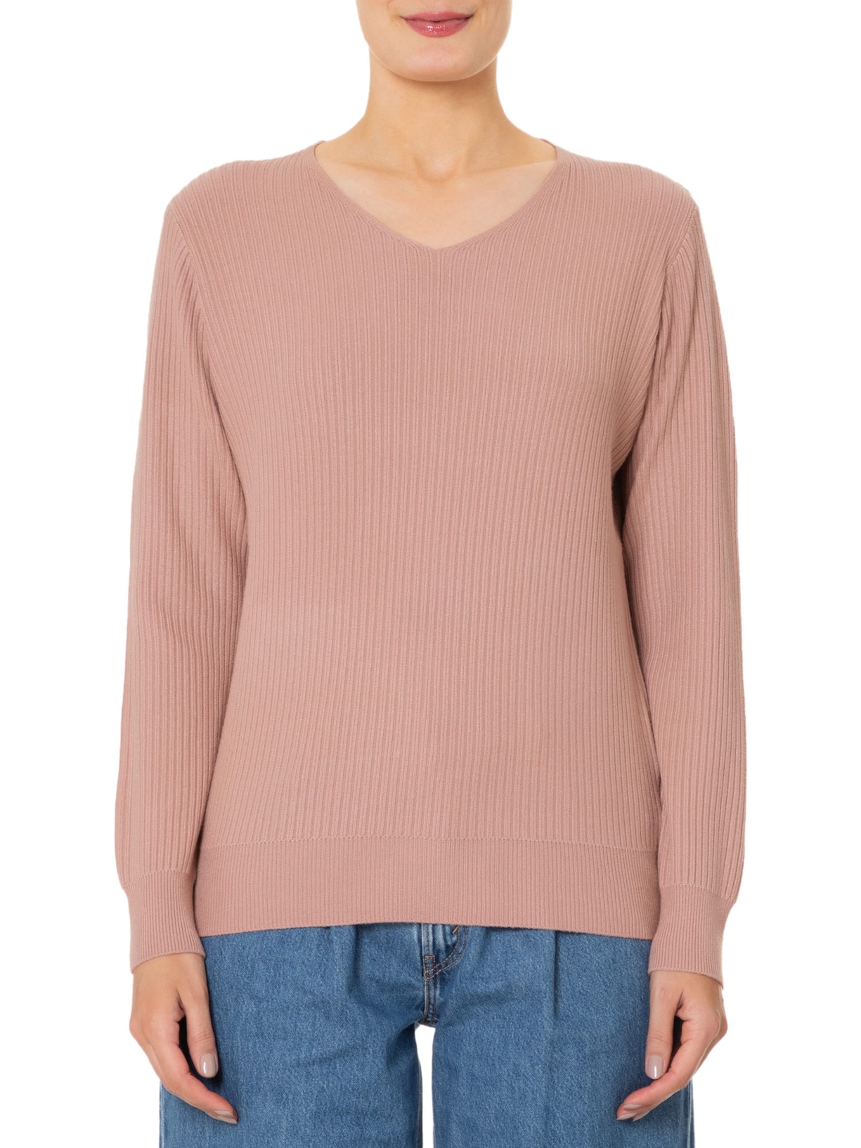 Suéter Feminino Básico Texturizado Gola V Rosa Basiq