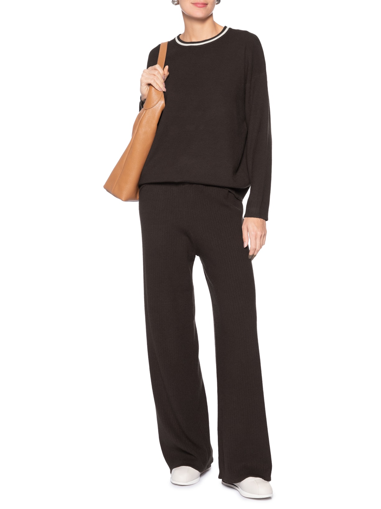 Suéter Feminino Bicolor Em Tricot Marrom Basiq