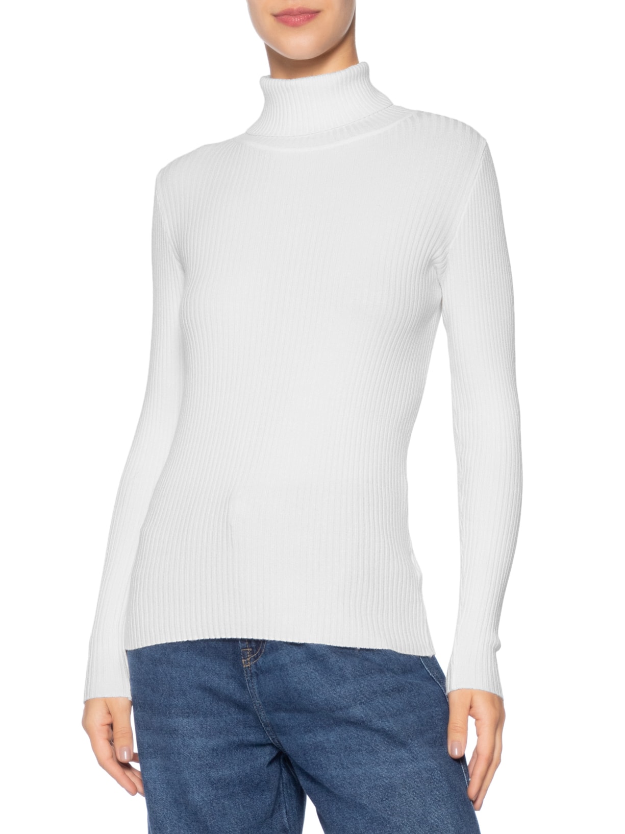 Suéter Feminino Canelado Gola Alta Branco Basiq