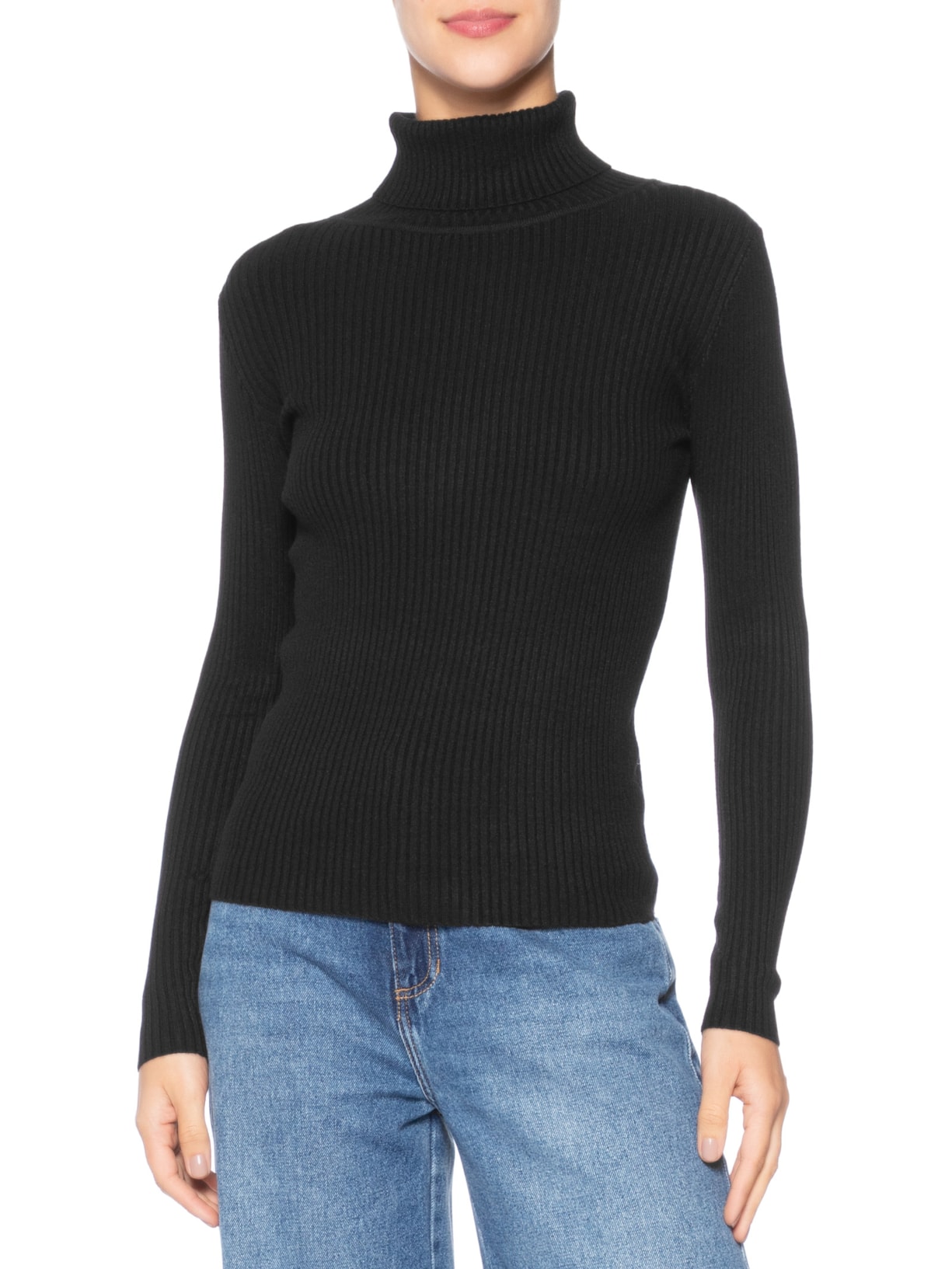 Suéter Feminino Canelado Gola Alta Preto Basiq