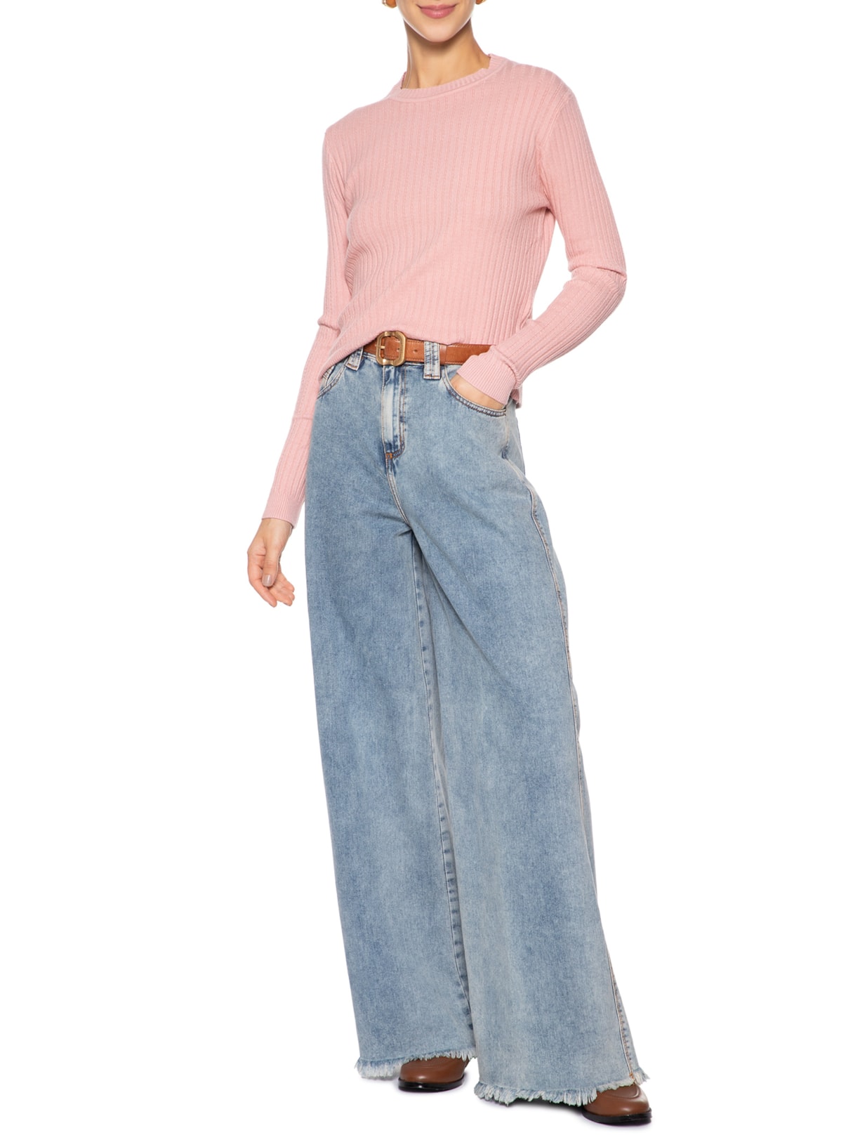 Suéter Feminino Canelado Rosa Basiq