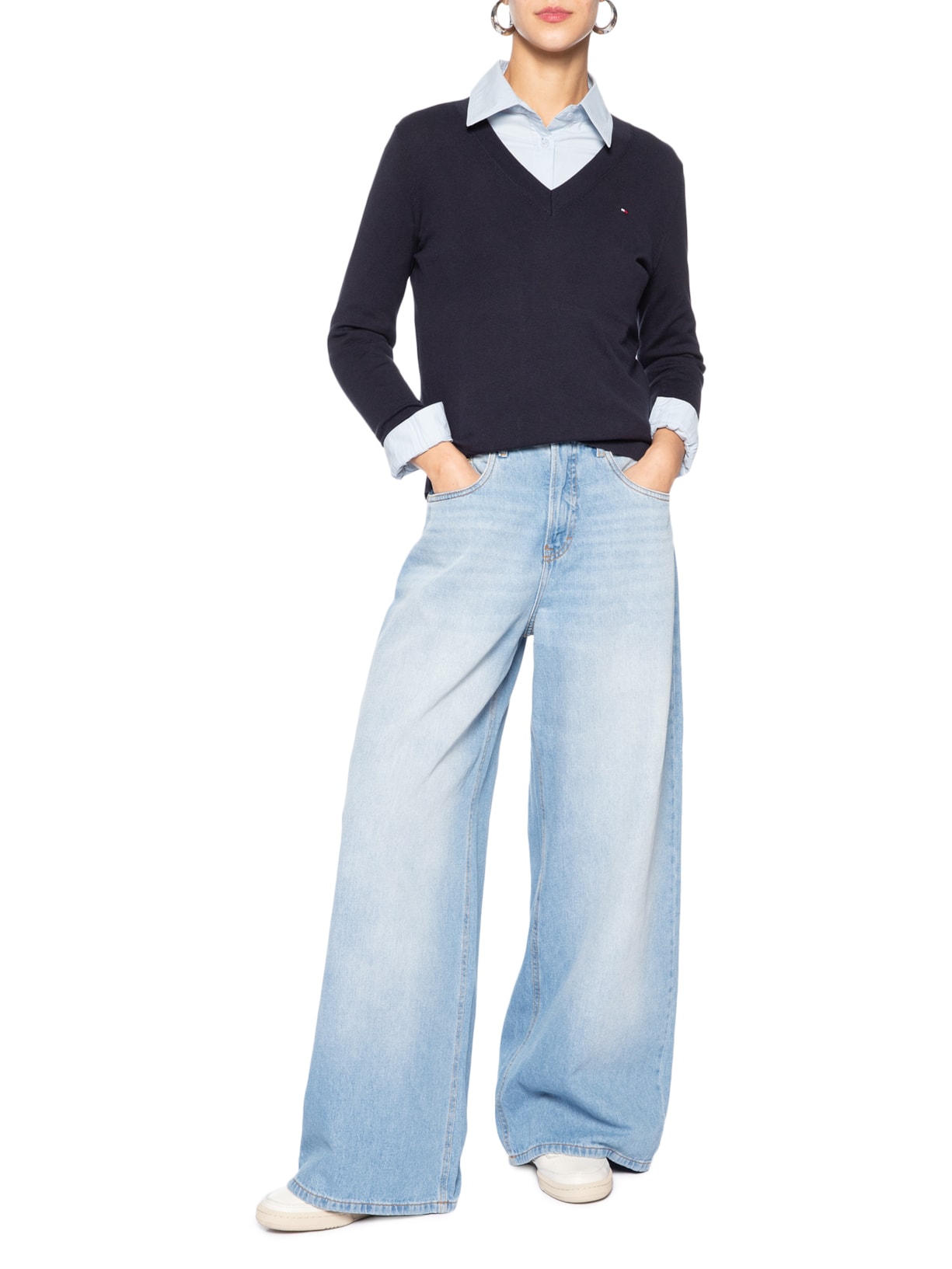 Suéter Feminino Co Jersey Stitch V Azul Tommy Hilfiger