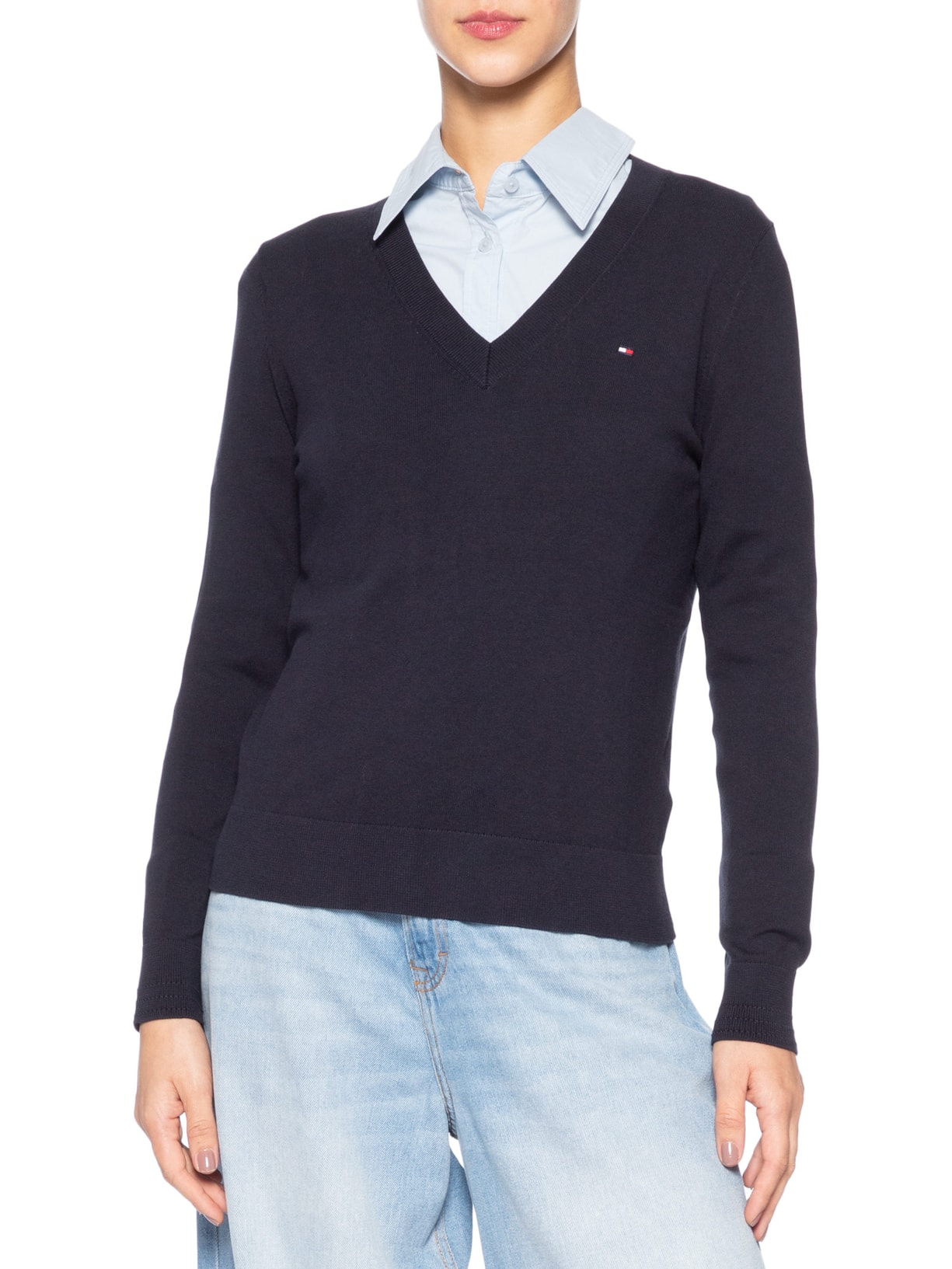 Suéter Feminino Co Jersey Stitch V Azul Tommy Hilfiger