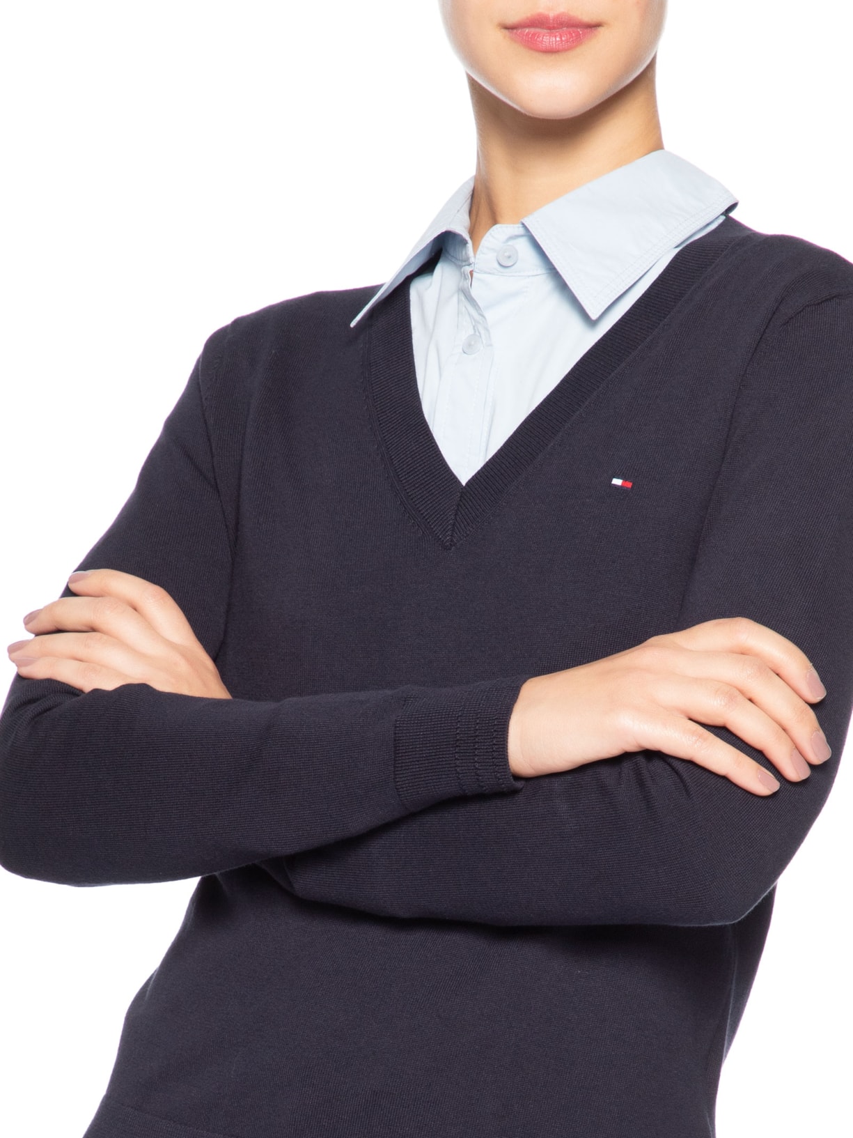 Suéter Feminino Co Jersey Stitch V Azul Tommy Hilfiger