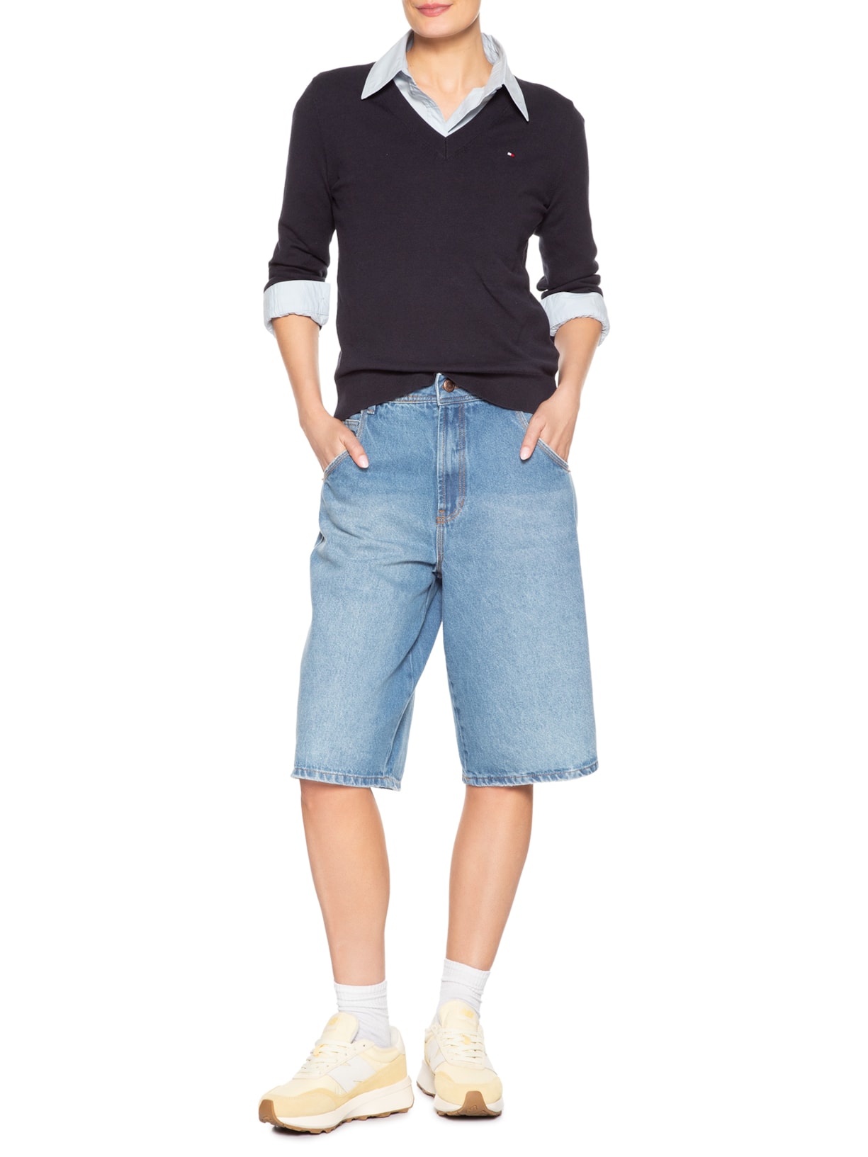 Suéter Feminino Co Jersey Stitch V Azul Tommy Hilfiger