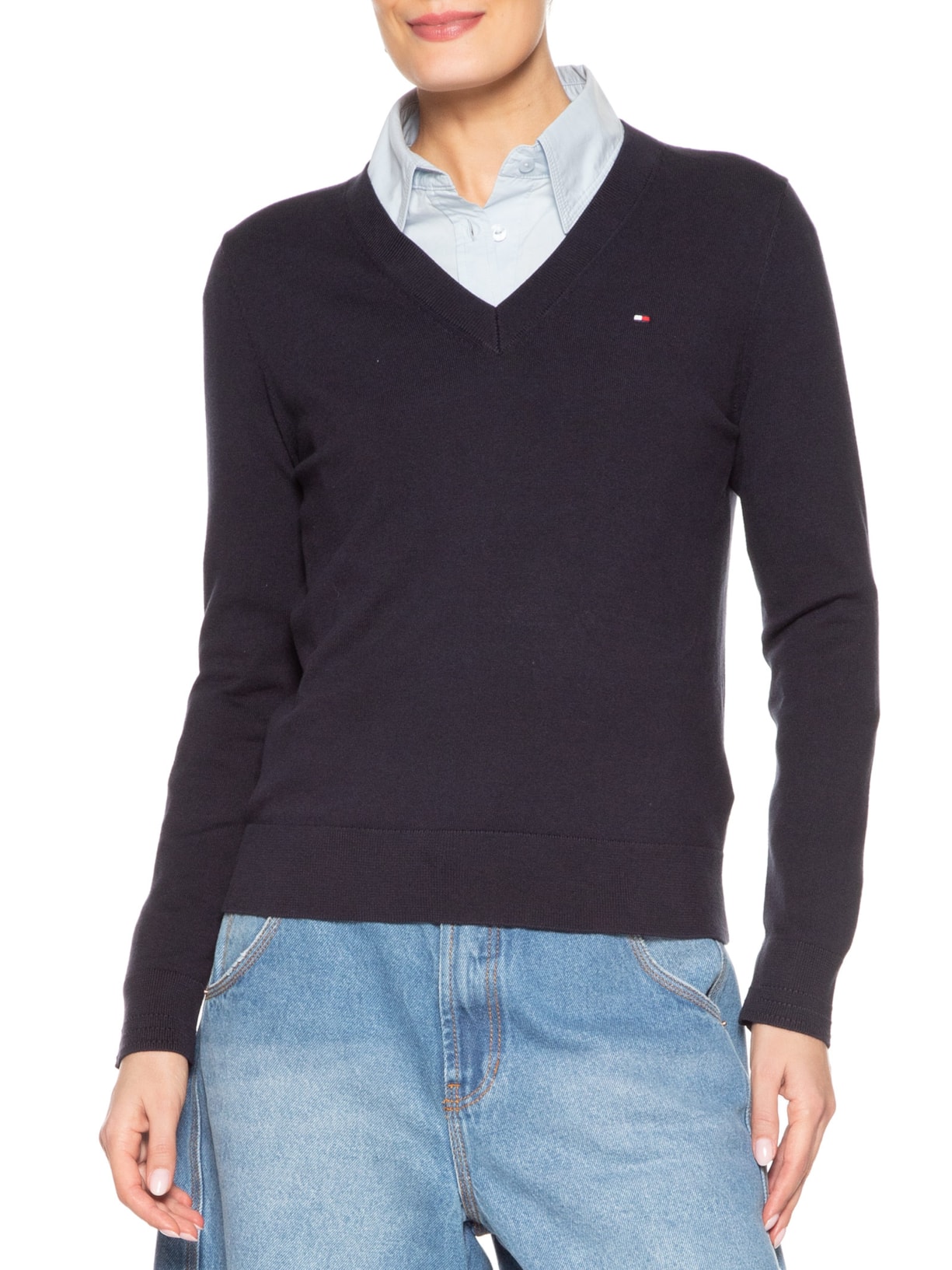 Suéter Feminino Co Jersey Stitch V Azul Tommy Hilfiger