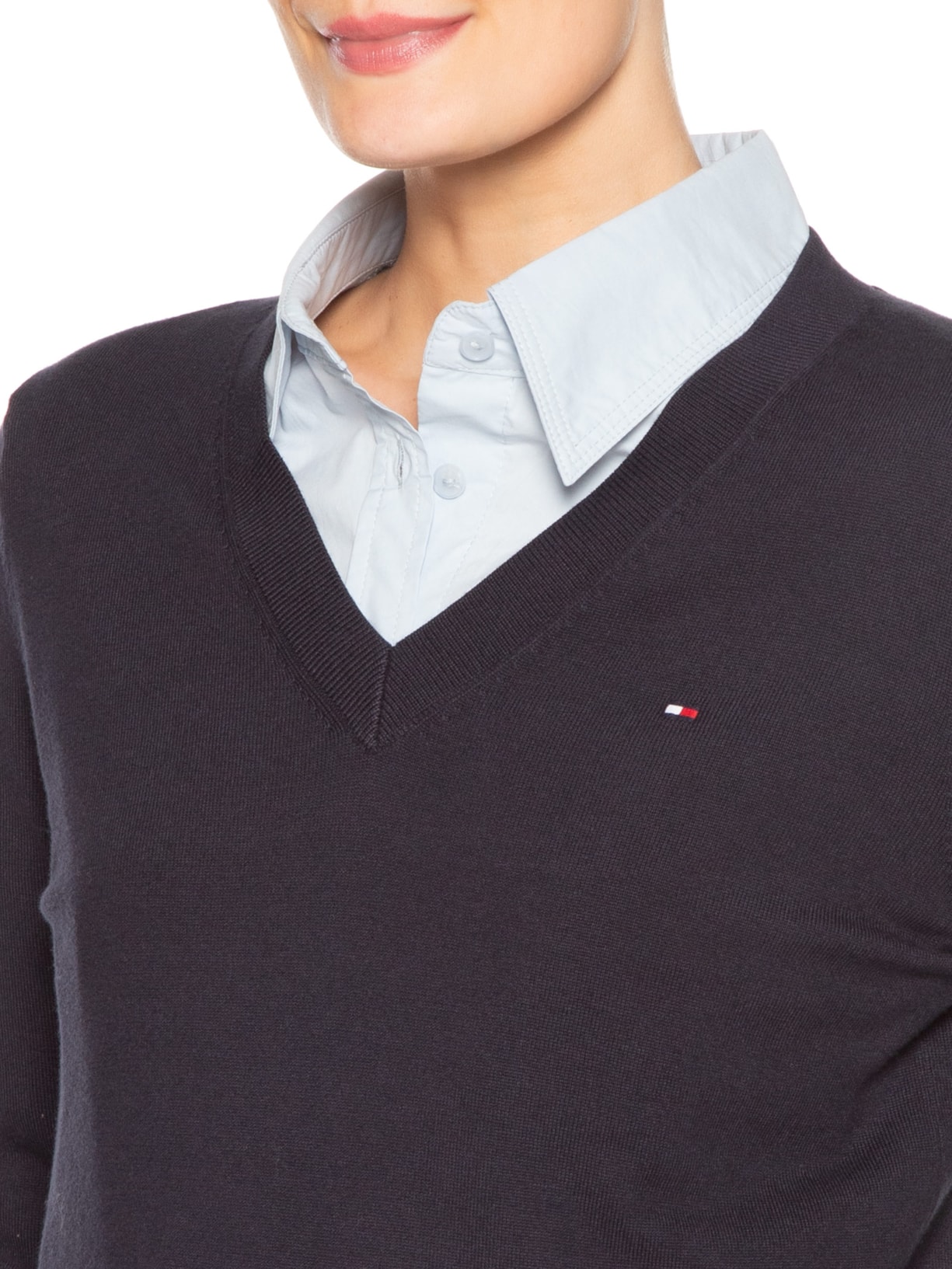 Suéter Feminino Co Jersey Stitch V Azul Tommy Hilfiger