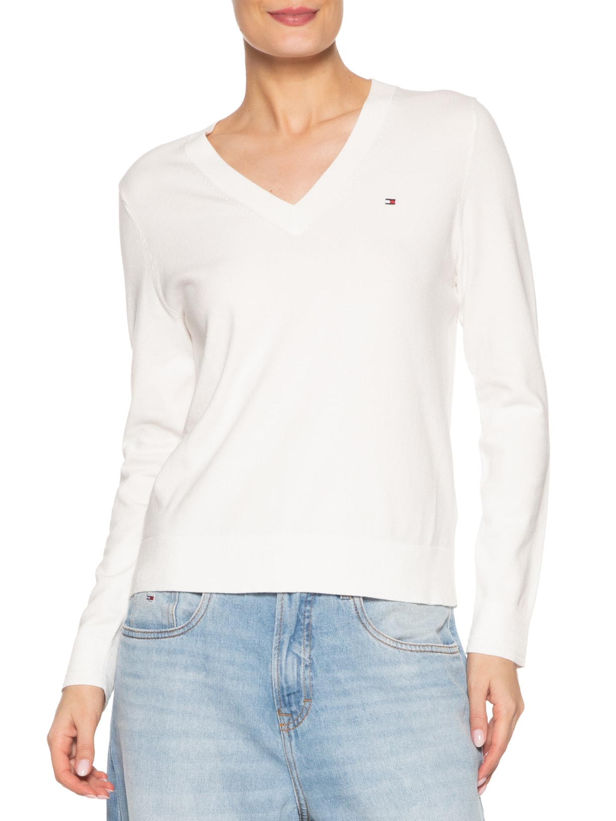 Suéter Feminino Co Jersey Stitch V Branco Tommy Hilfiger