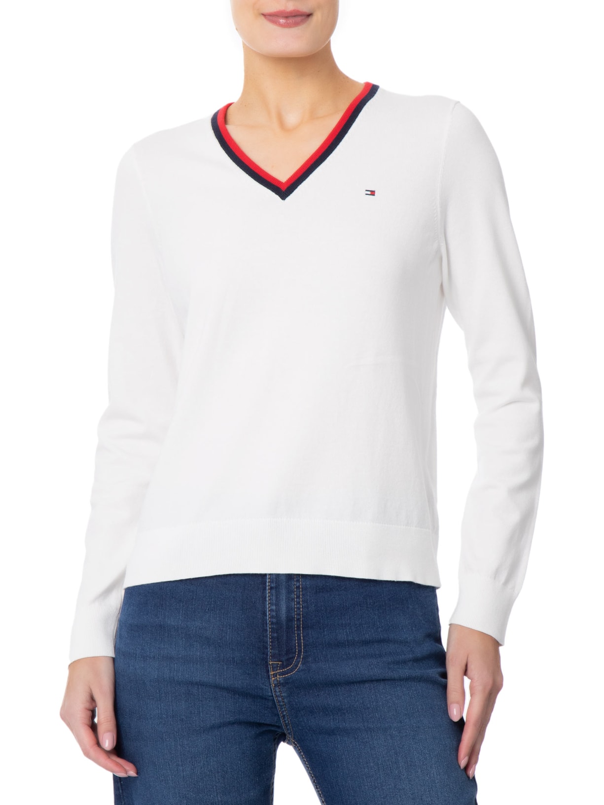 Suéter Feminino Co Jersey V-Nk Branco Tommy Hilfiger