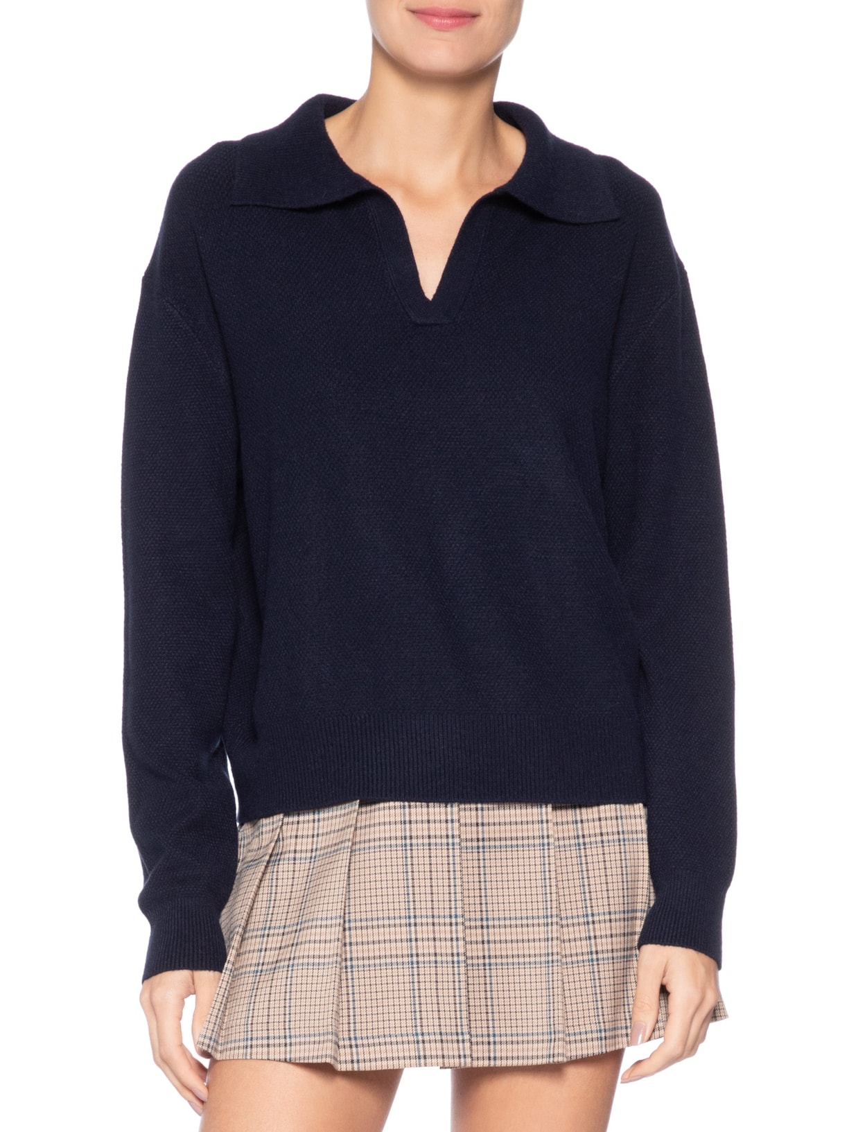 Suéter Feminino Com Gola Polo Azul Market 33