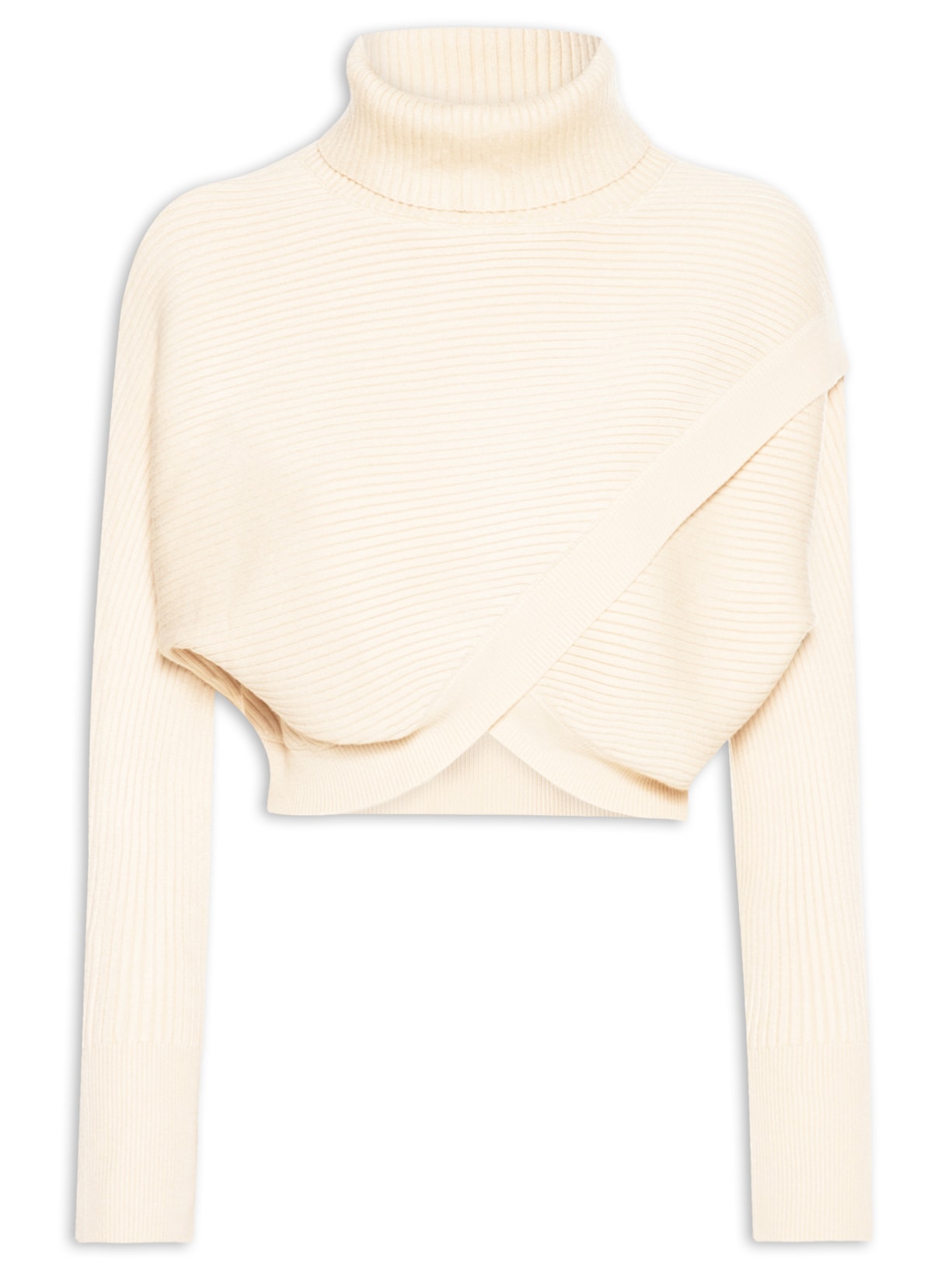 Suéter Feminino Com Transpasse E Gola Alta Em Tricot - Bege