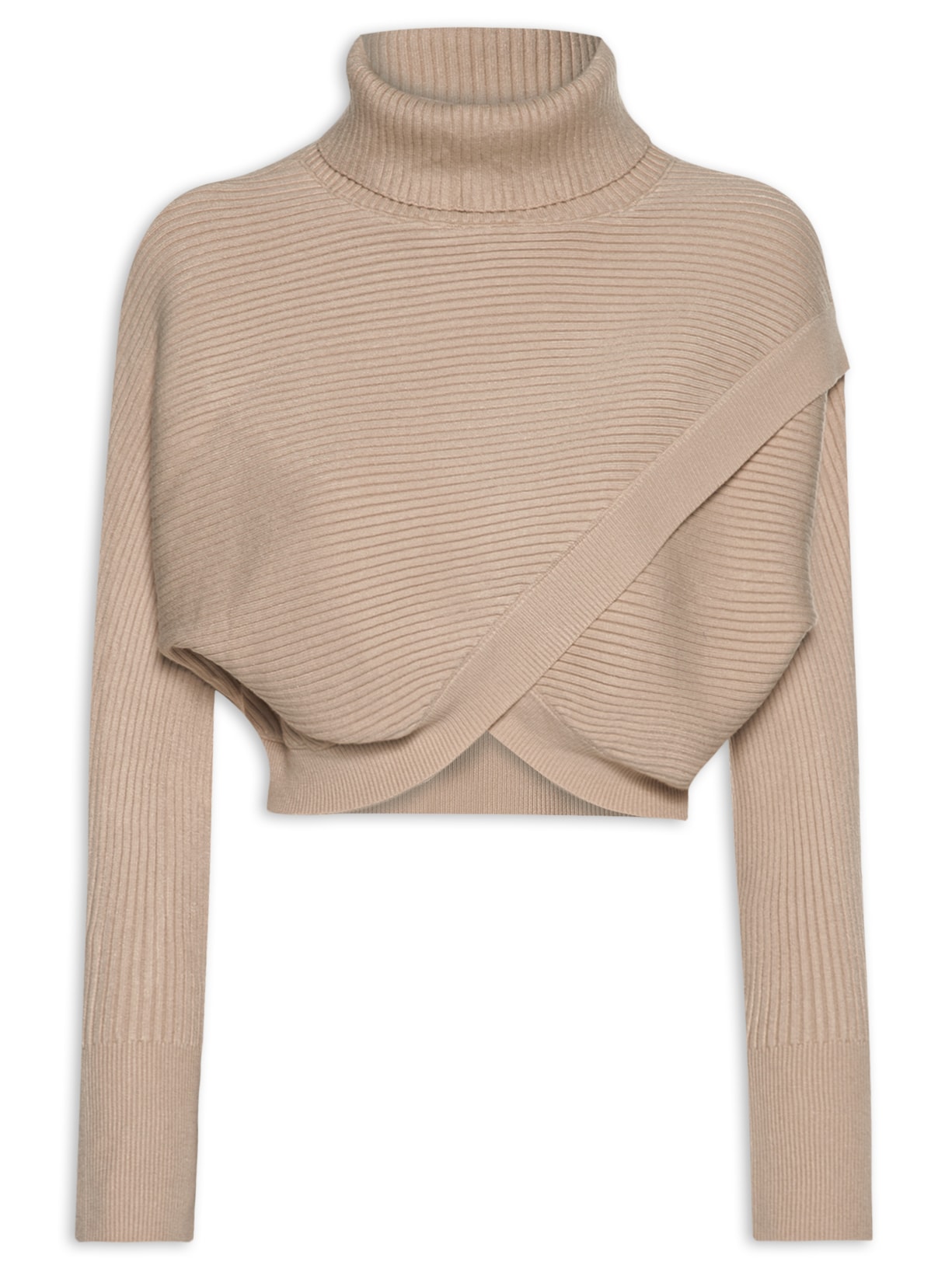 Suéter Feminino Com Transpasse E Gola Alta Em Tricot - Bege