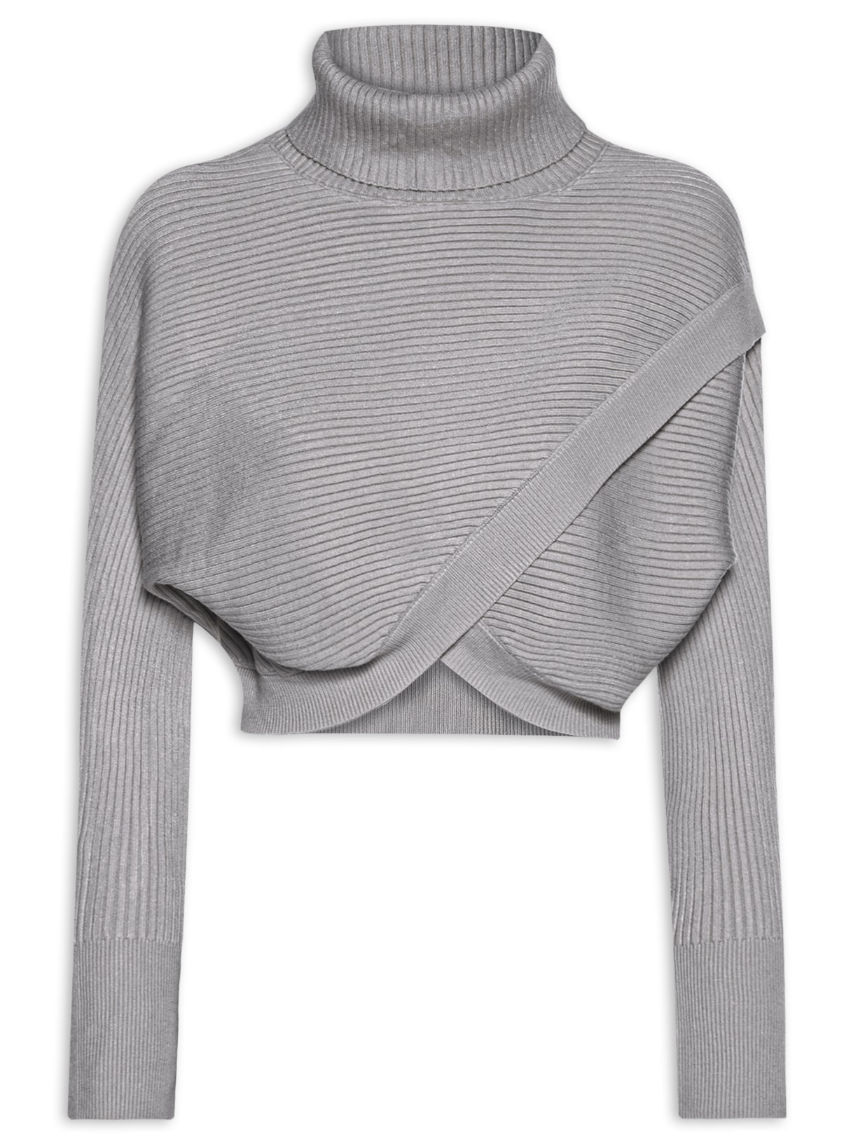 Suéter Feminino Com Transpasse E Gola Alta Em Tricot - Cinza