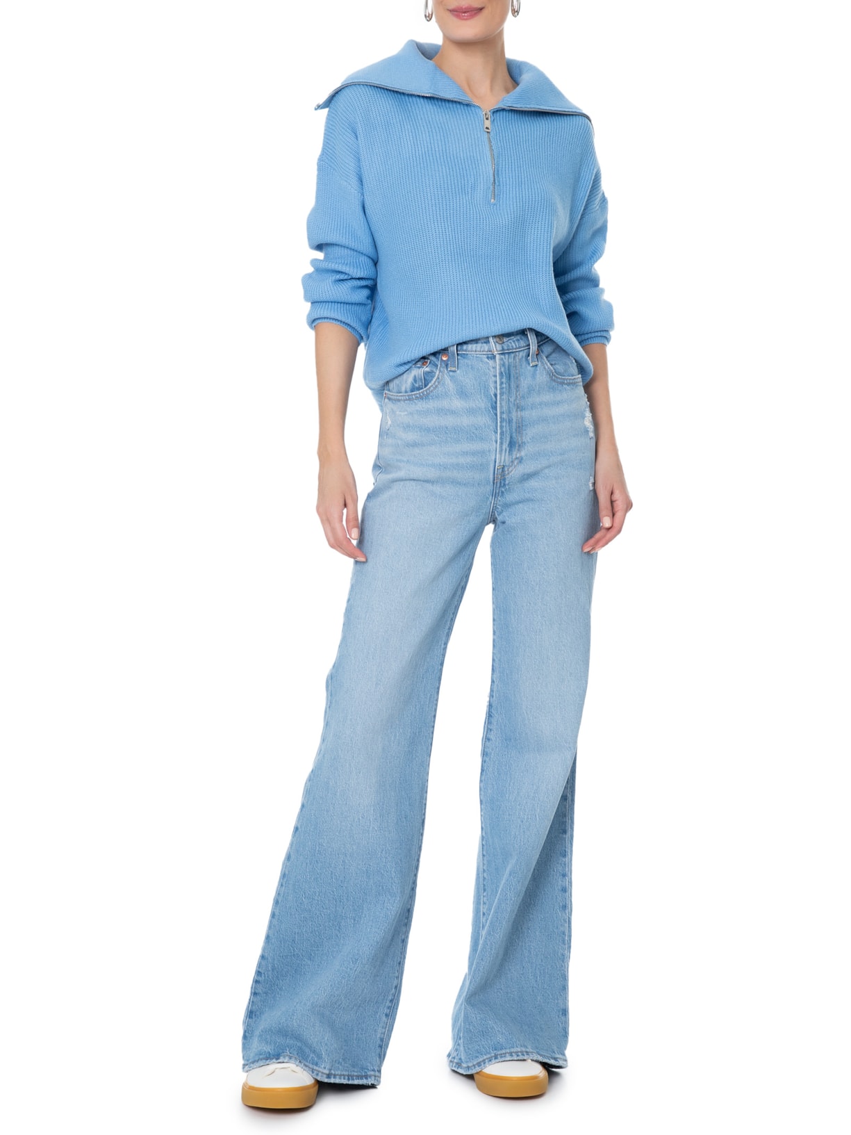 Suéter Feminino Com Zíper Frontal Azul Basiq