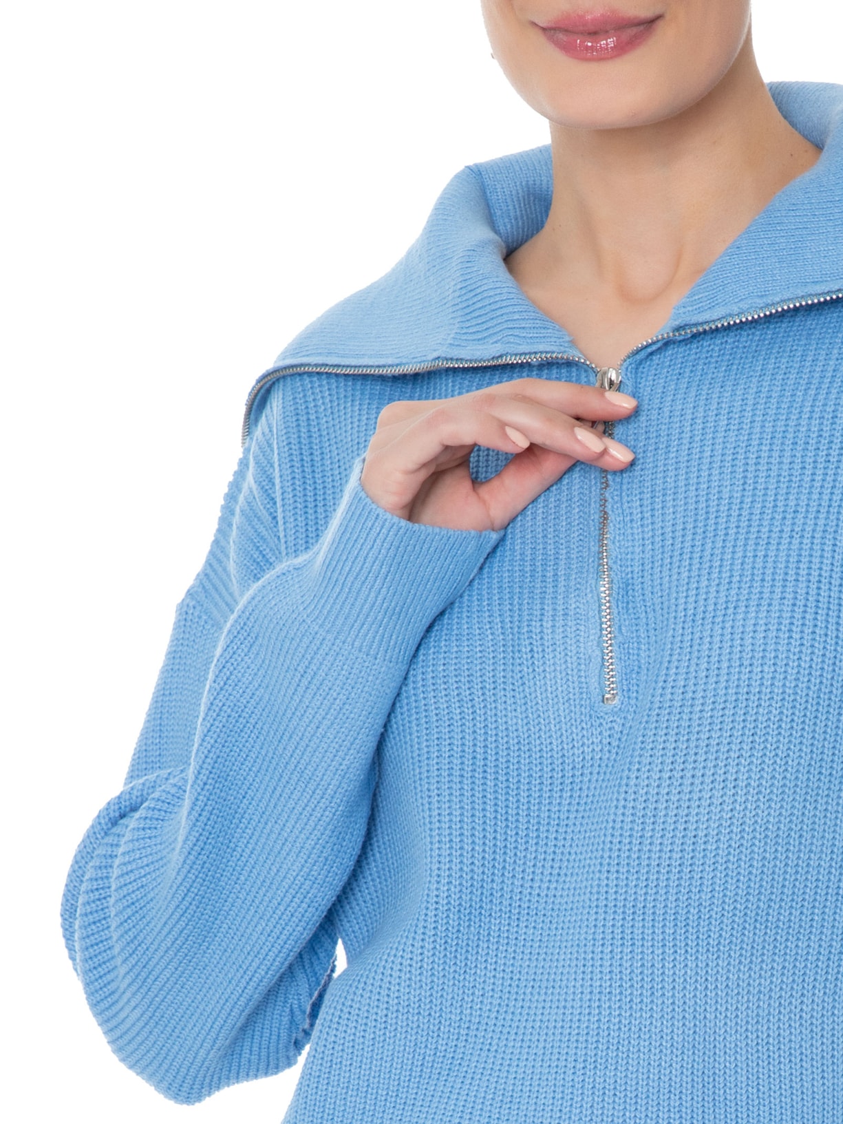 Suéter Feminino Com Zíper Frontal Azul Basiq