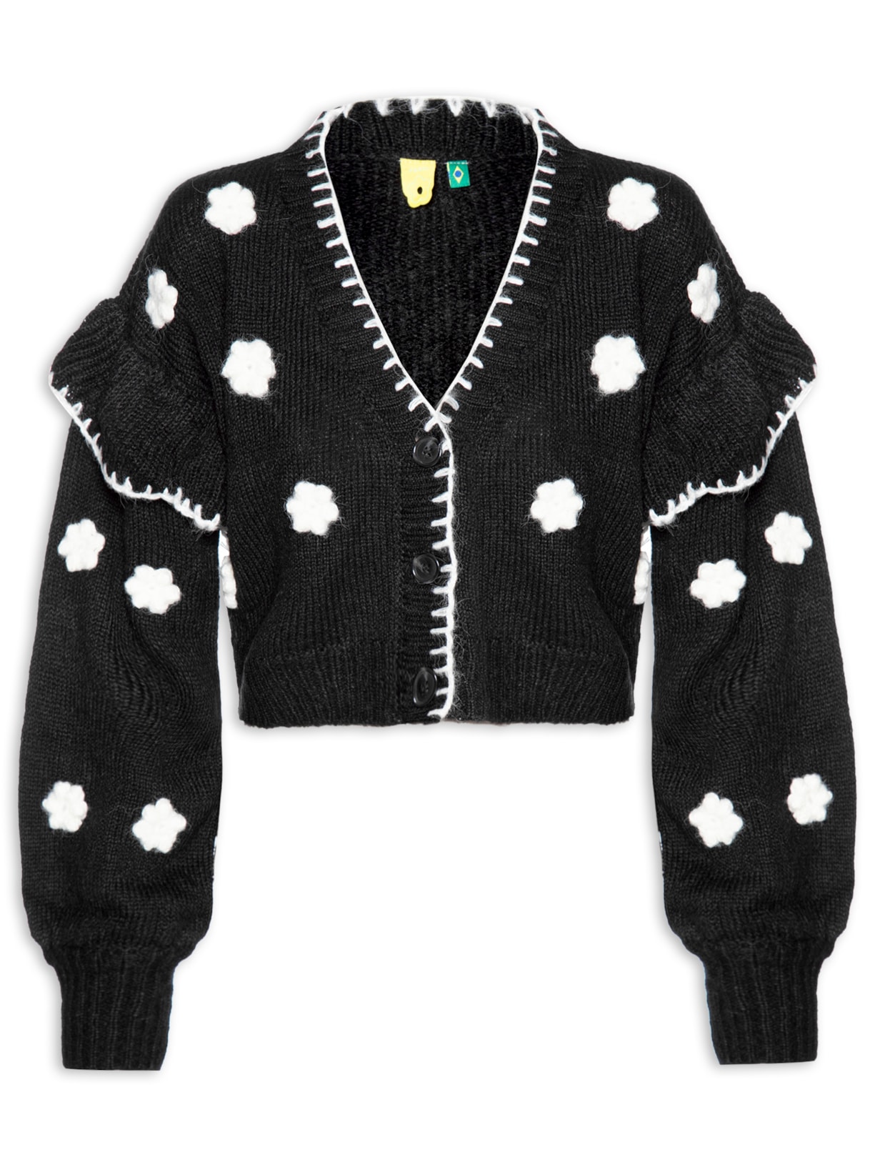 Suéter Feminino Curto Tricot Artesanal Flor - Preto