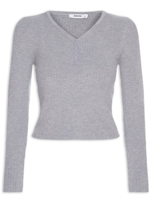 Suéter Feminino Em Tricot Com Botões - Cinza