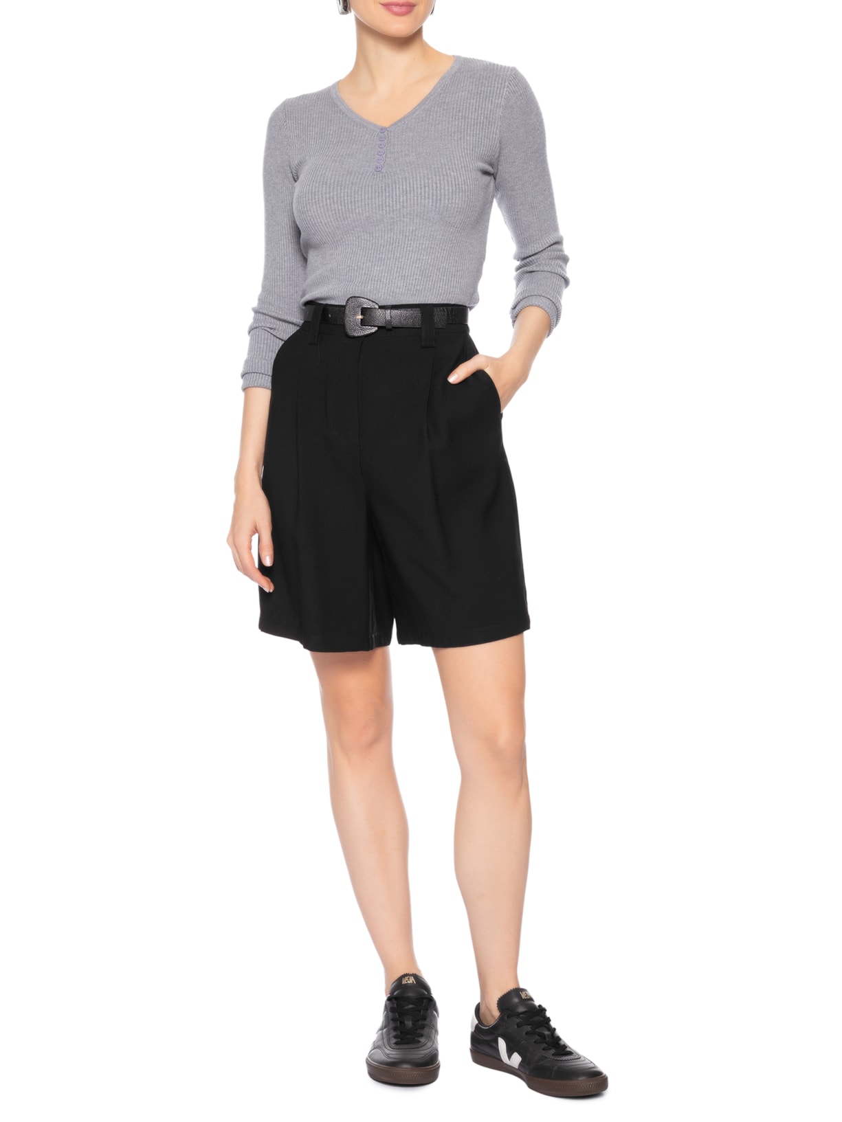 Suéter Feminino Em Tricot Com Botões Cinza Basiq