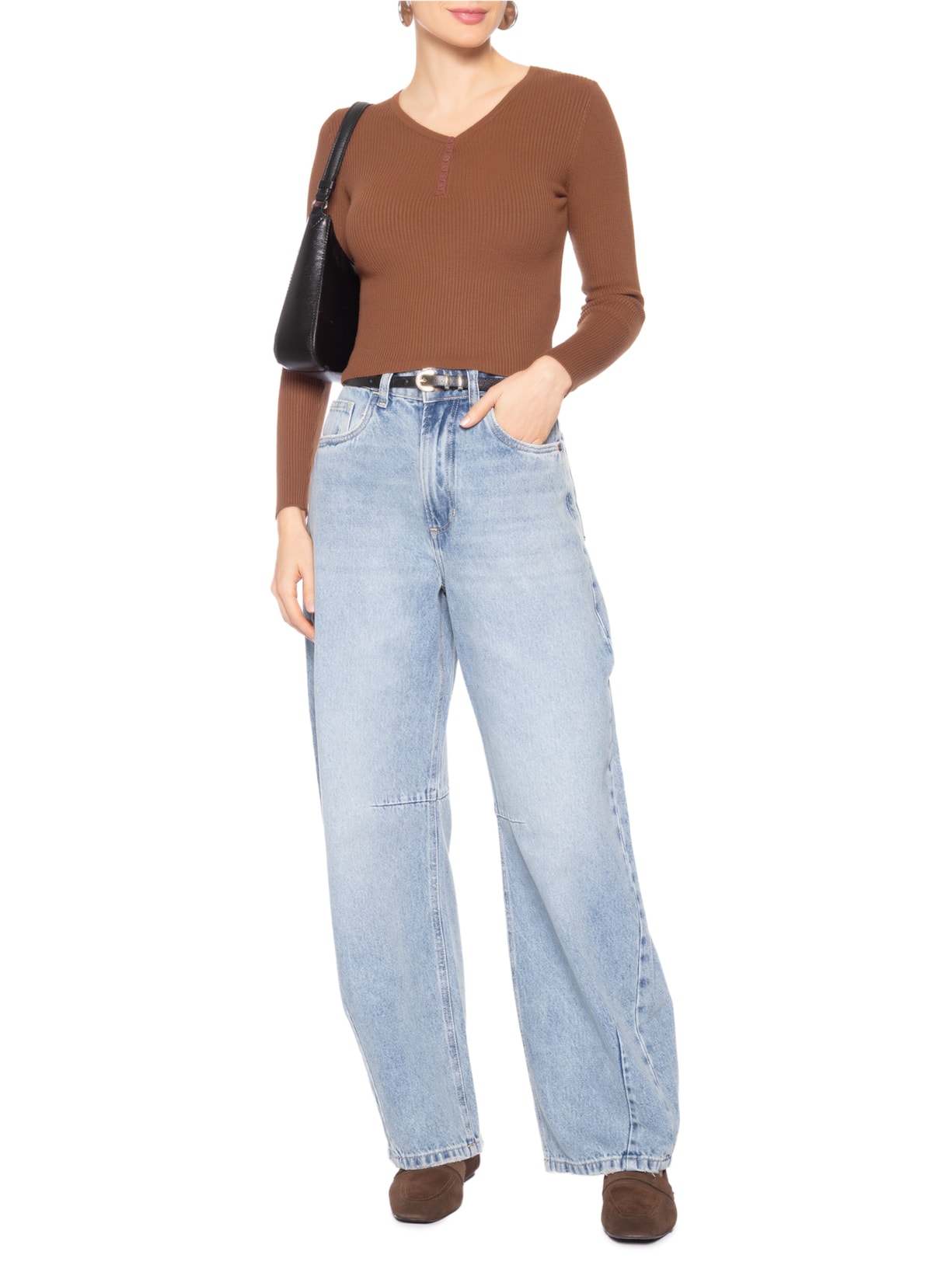 Suéter Feminino Em Tricot Com Botões Marrom Basiq