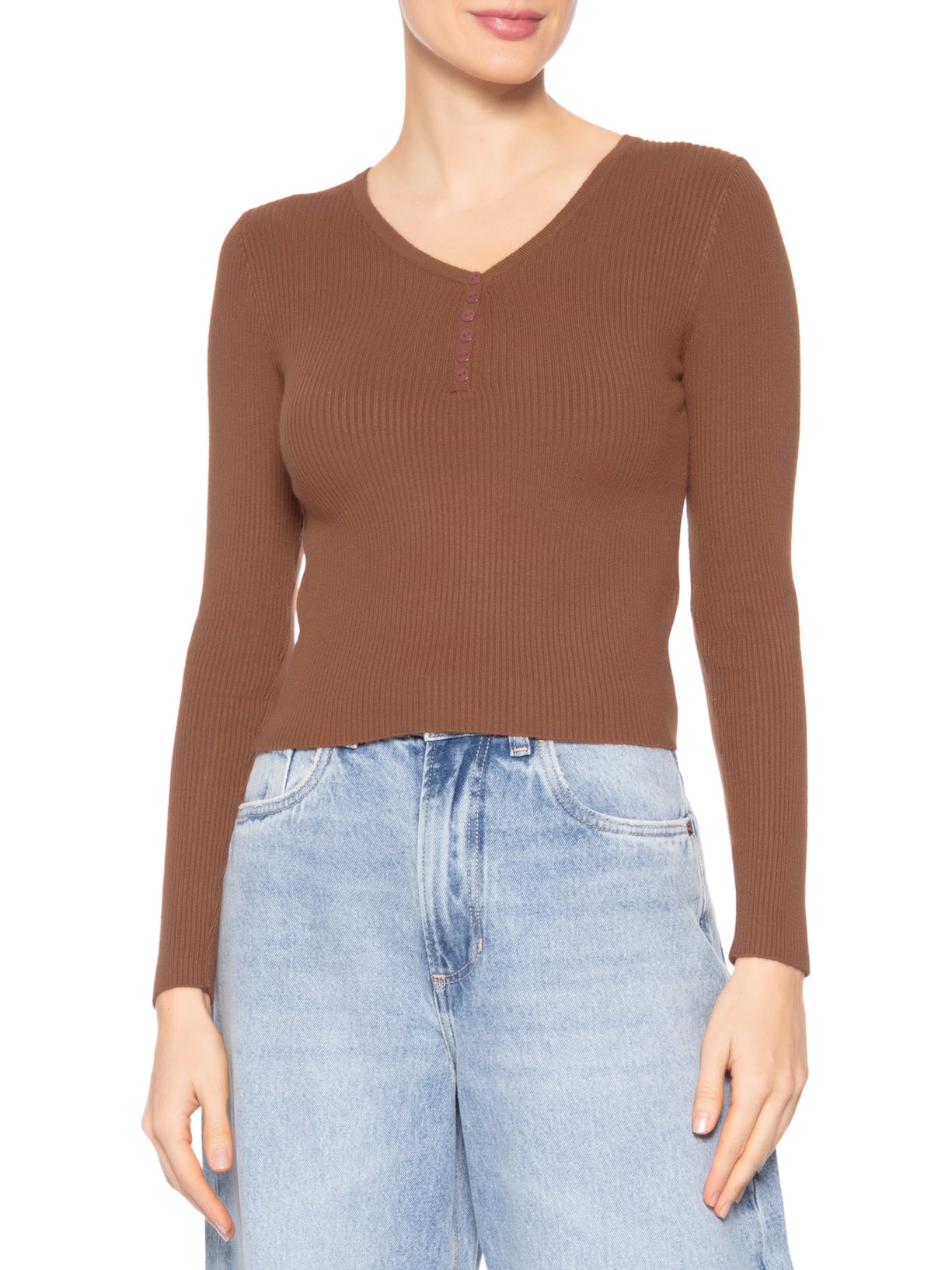 Suéter Feminino Em Tricot Com Botões Marrom Basiq