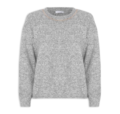 Suéter Feminino Em Tricot Com Detalhe Corrente - Cinza