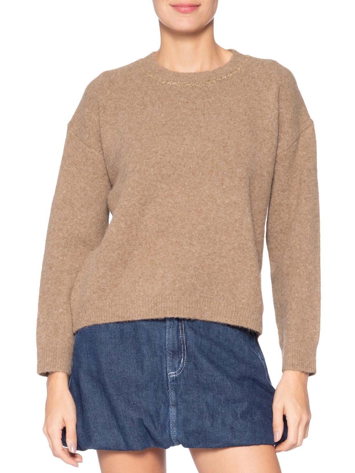 Suéter Feminino Em Tricot Com Detalhe Corrente Marrom Market 33