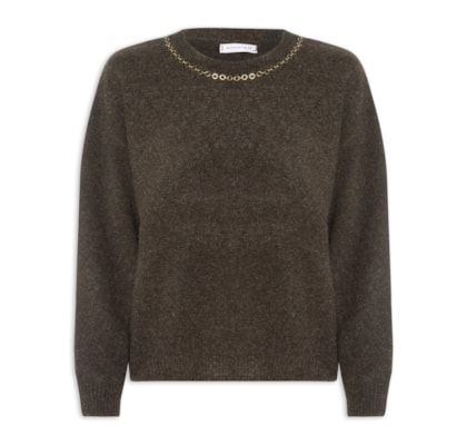 Suéter Feminino Em Tricot Com Detalhe Corrente - Marrom