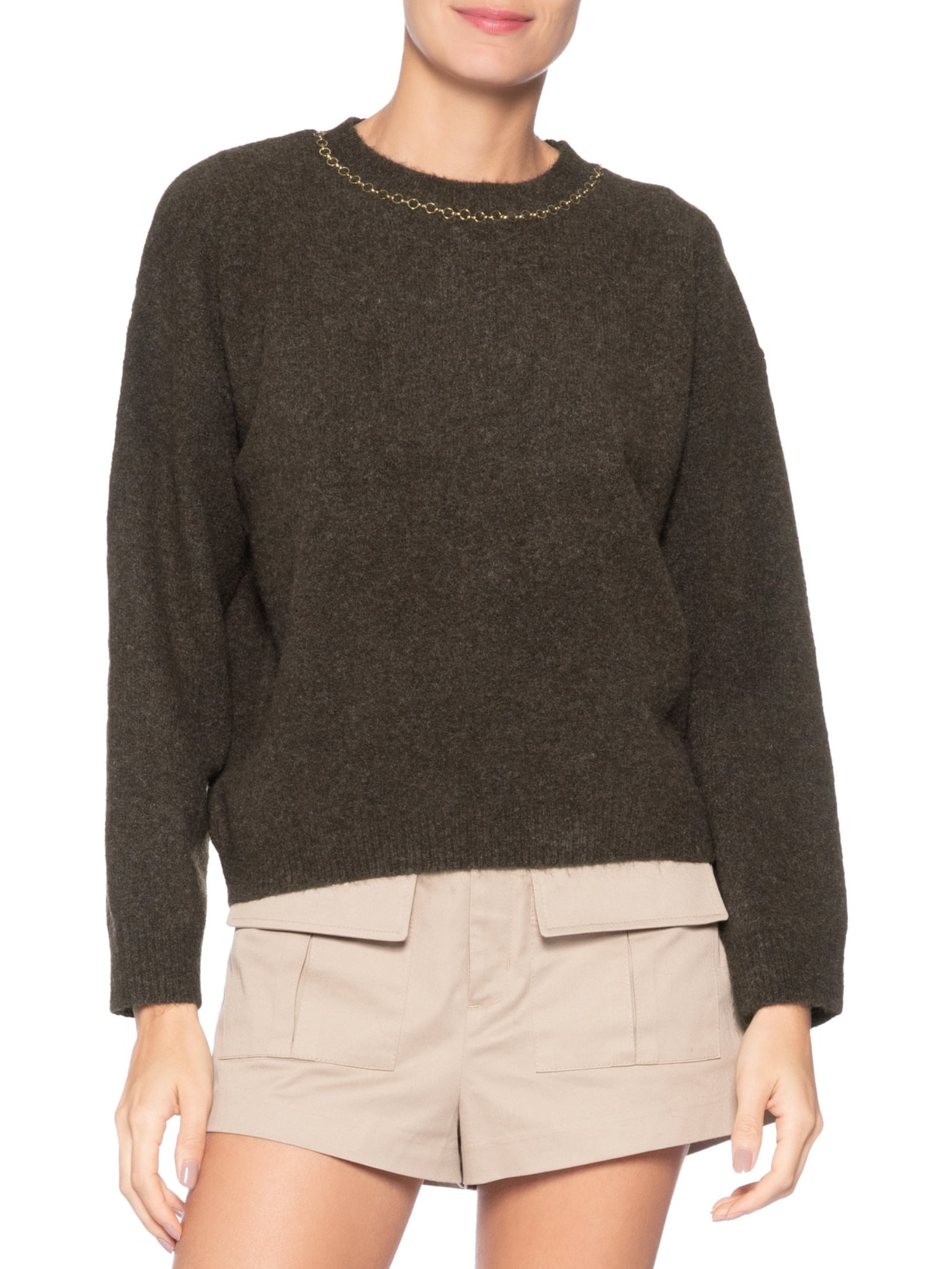 Suéter Feminino Em Tricot Com Detalhe Corrente Marrom Market 33