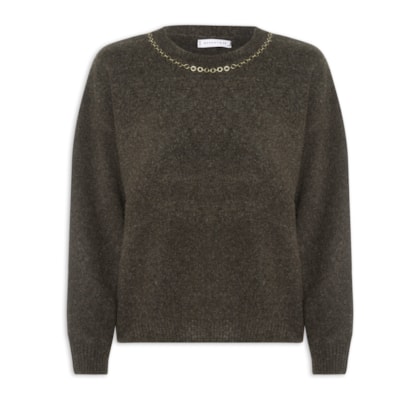 Suéter Feminino Em Tricot Com Detalhe Corrente - Marrom