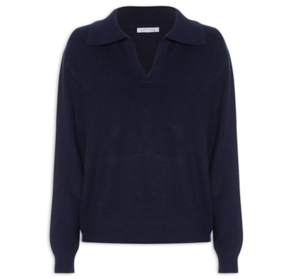 Suéter Feminino Em Tricot  Com Gola Polo - Azul