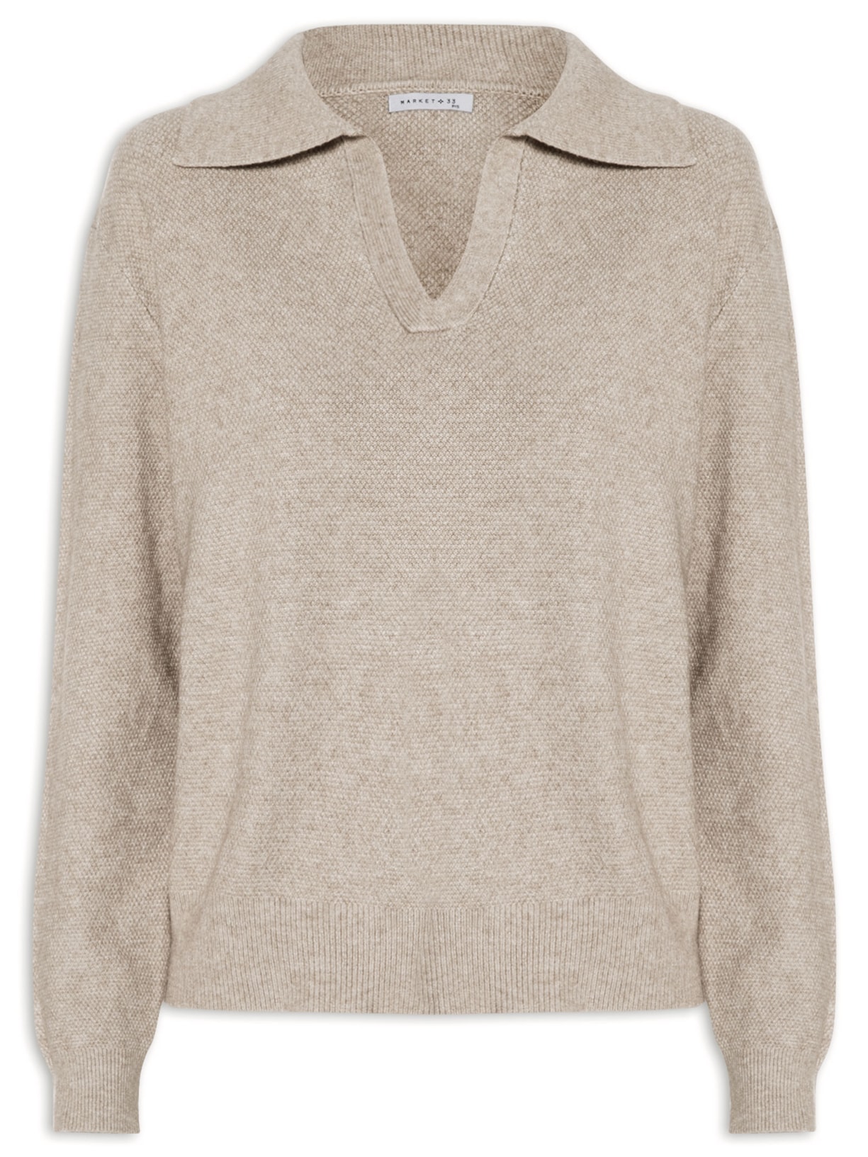 Suéter Feminino Em Tricot  Com Gola Polo Bege Market 33
