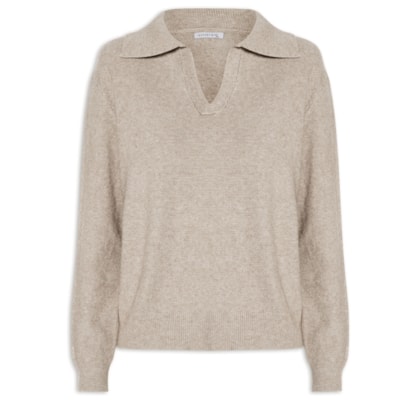 Suéter Feminino Em Tricot  Com Gola Polo - Bege