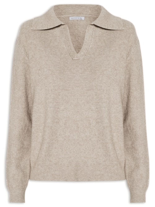 Suéter Feminino Em Tricot Com Gola Polo - Bege