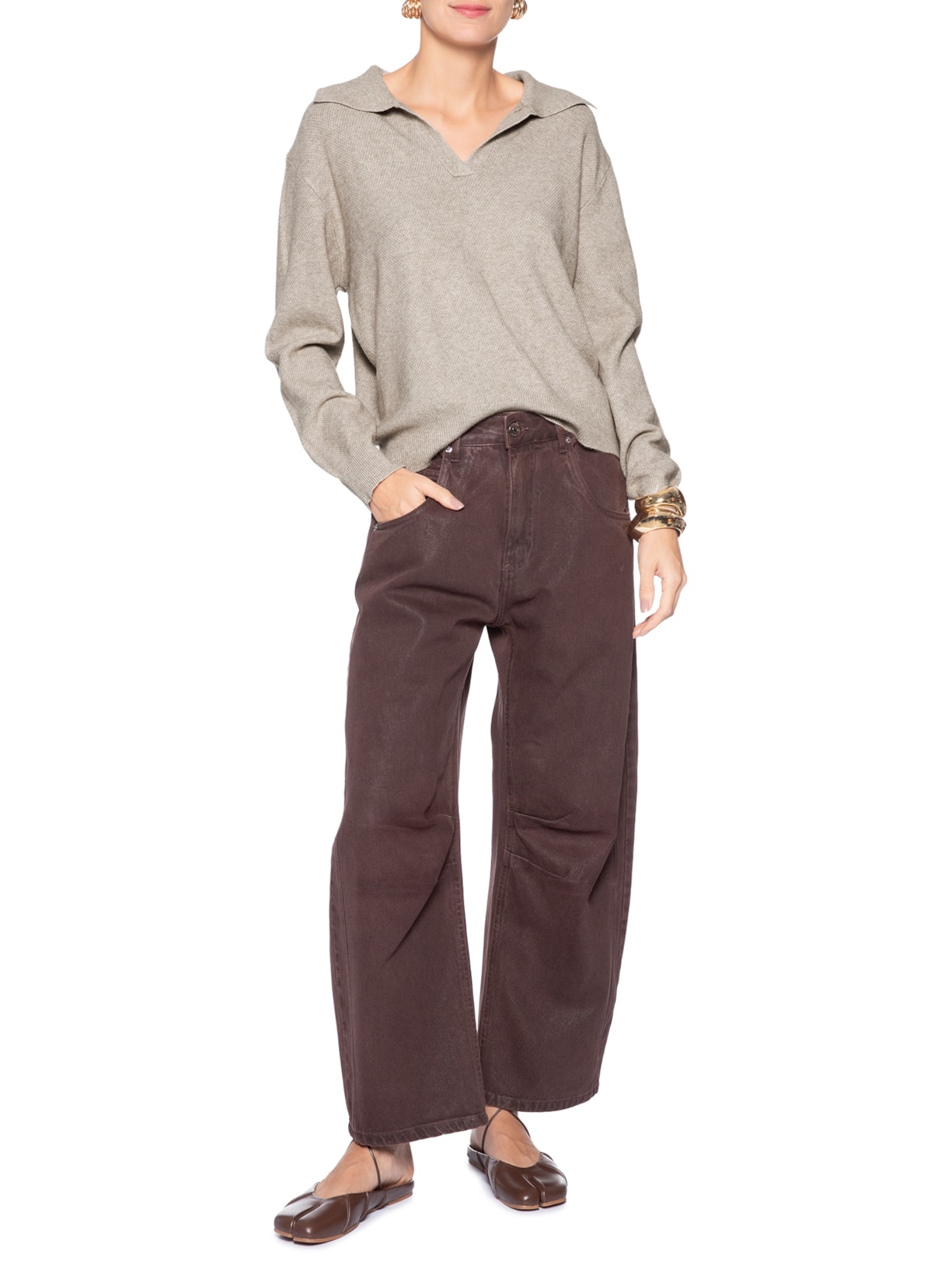 Suéter Feminino Em Tricot  Com Gola Polo Bege Market 33