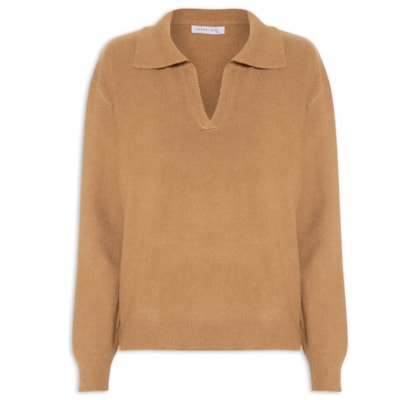 Suéter Feminino Em Tricot  Com Gola Polo - Marrom