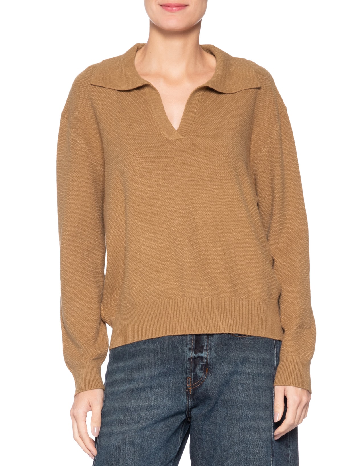 Suéter Feminino Em Tricot  Com Gola Polo Marrom Market 33