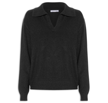 Suéter Feminino Em Tricot  Com Gola Polo - Preto