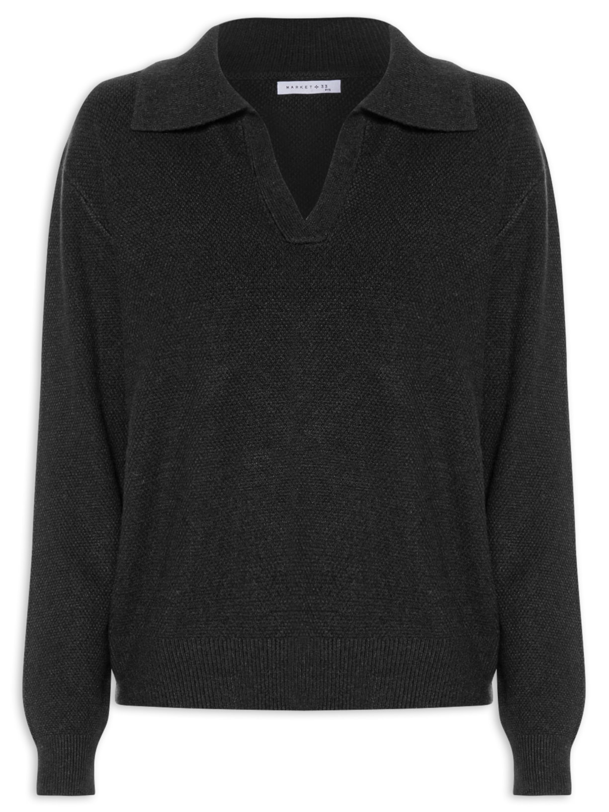 Suéter Feminino Em Tricot Com Gola Polo - Preto