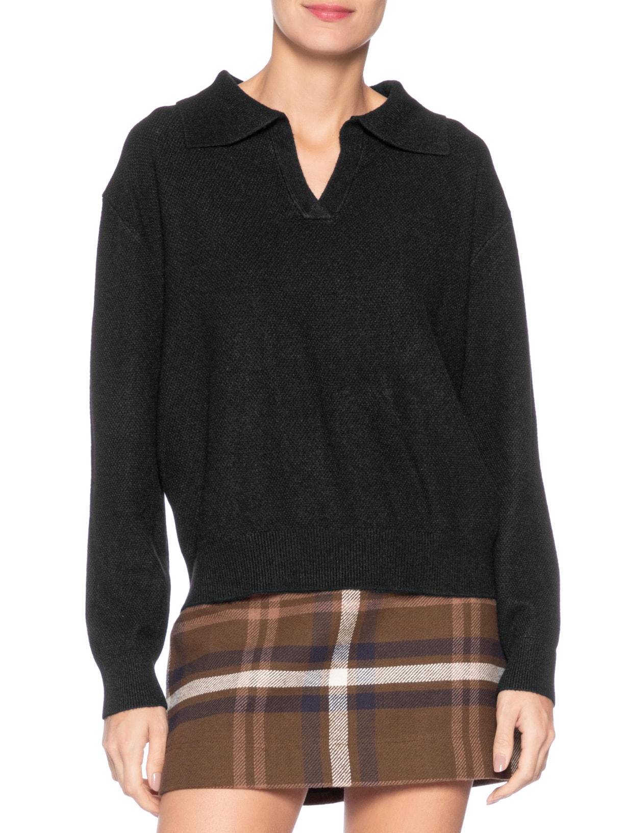 Suéter Feminino Em Tricot  Com Gola Polo Preto Market 33