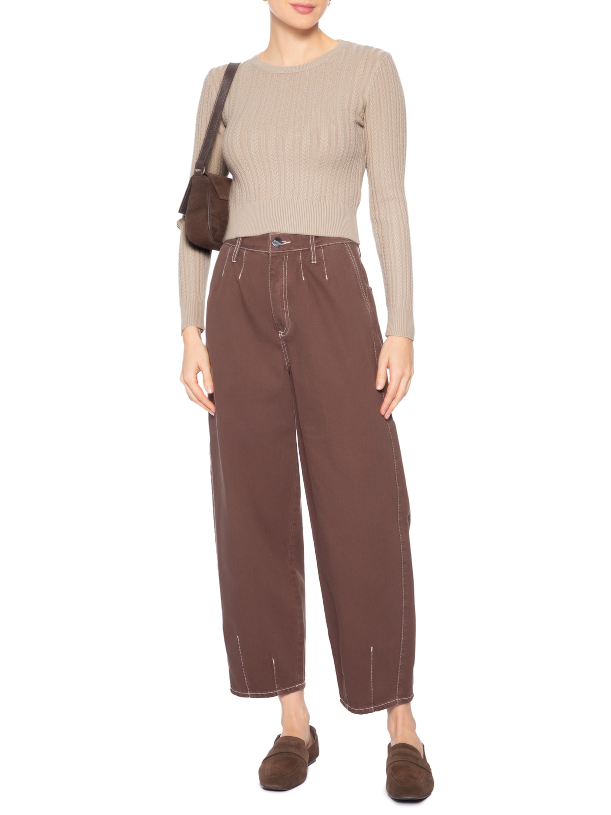 Suéter Feminino Em Tricot Trançado Bege Basiq