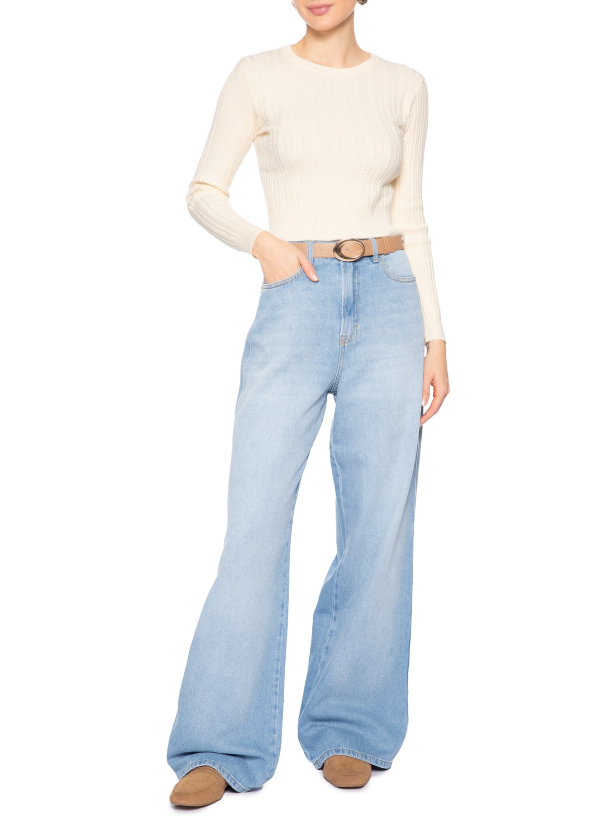 Suéter Feminino Em Tricot Trançado Bege Basiq