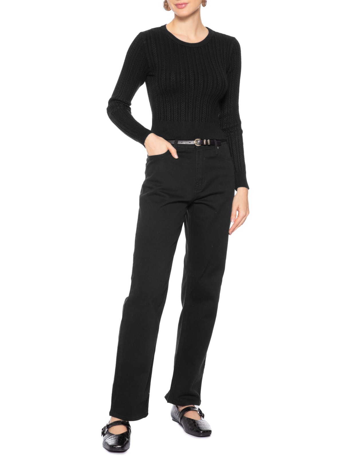 Suéter Feminino em Tricot Trançado Preto Basiq