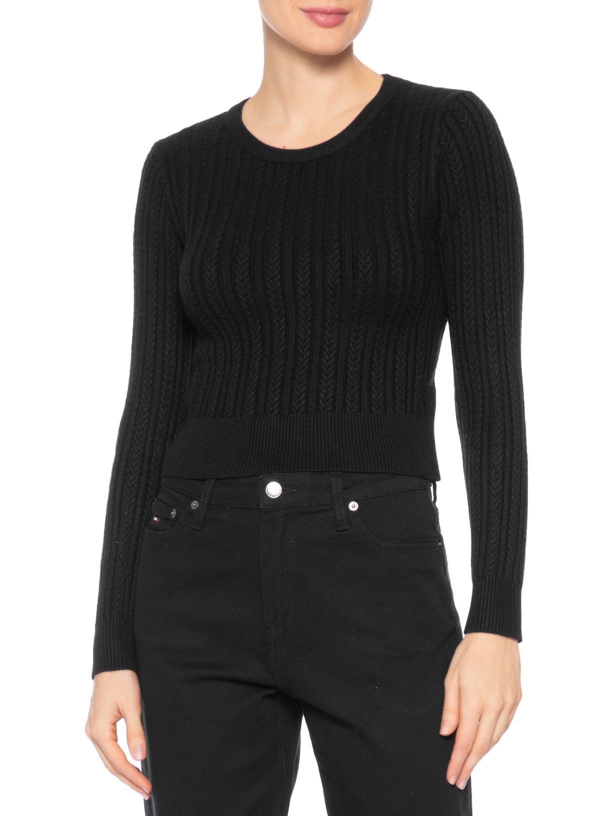 Suéter Feminino em Tricot Trançado Preto Basiq