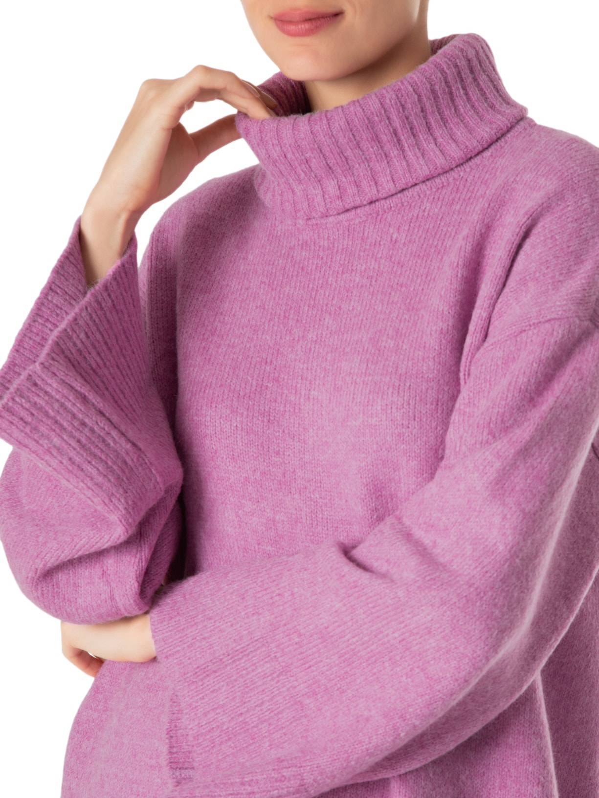 Suéter Feminino Gola Alta Canelada Tricot Rosa Animale