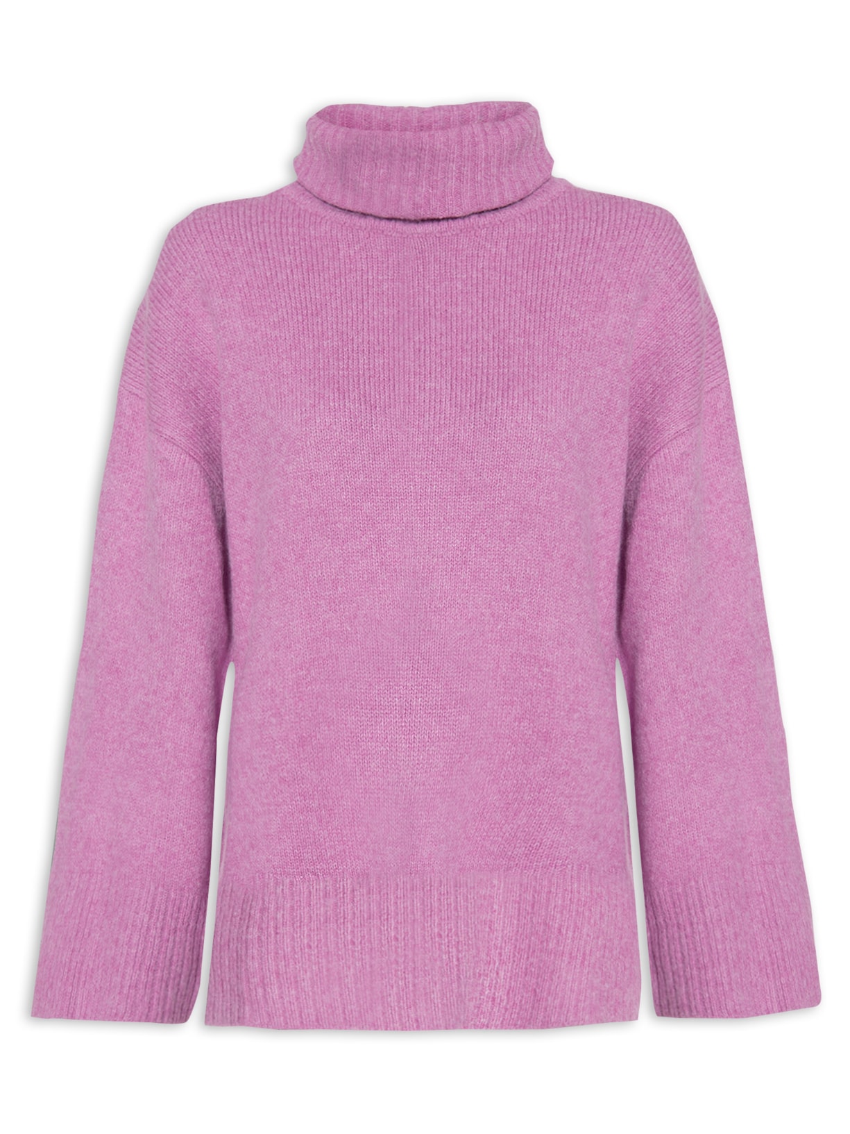 Suéter Feminino Gola Alta Canelada Tricot Rosa Animale