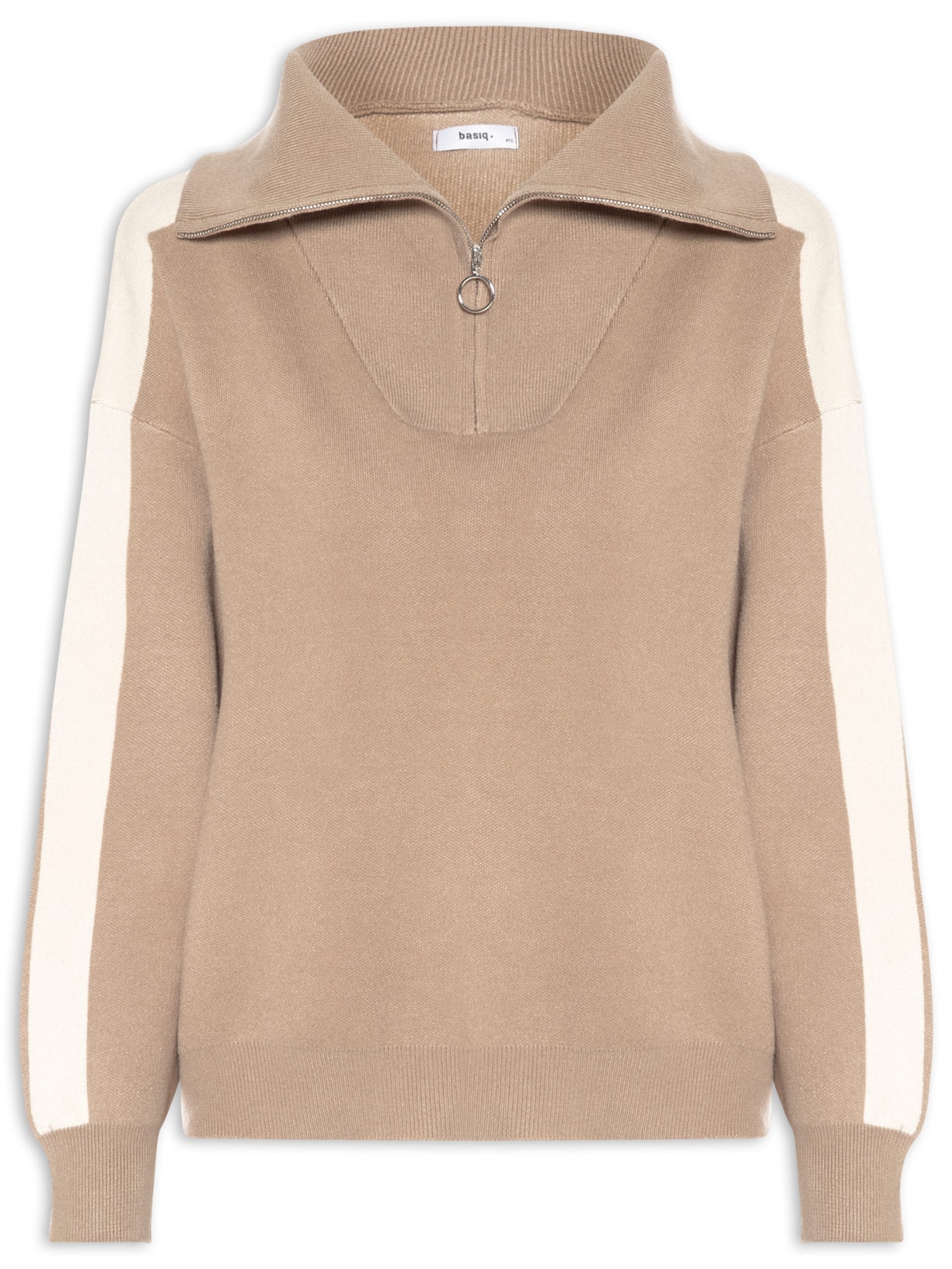 Suéter Feminino Gola Alta Com Zíper Bege Basiq