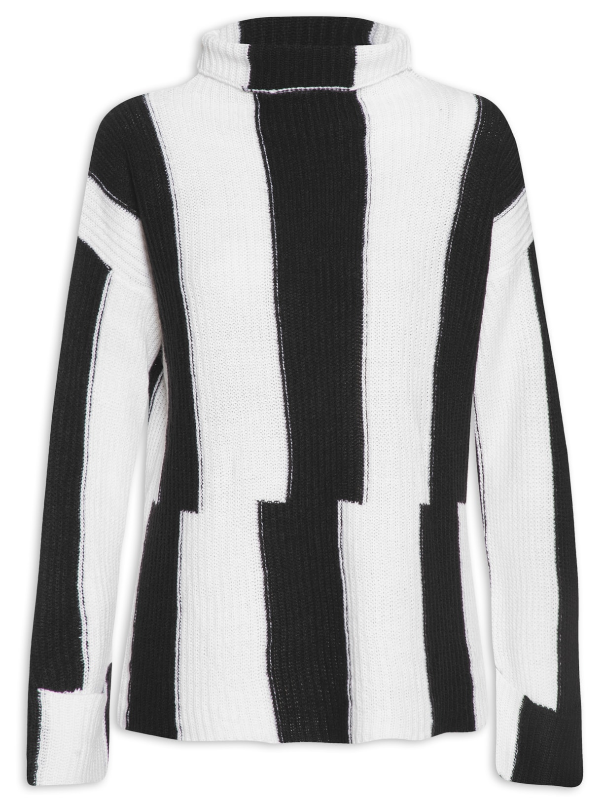 Suéter Feminino Gola Alta Em Tricot Listrado - Preto